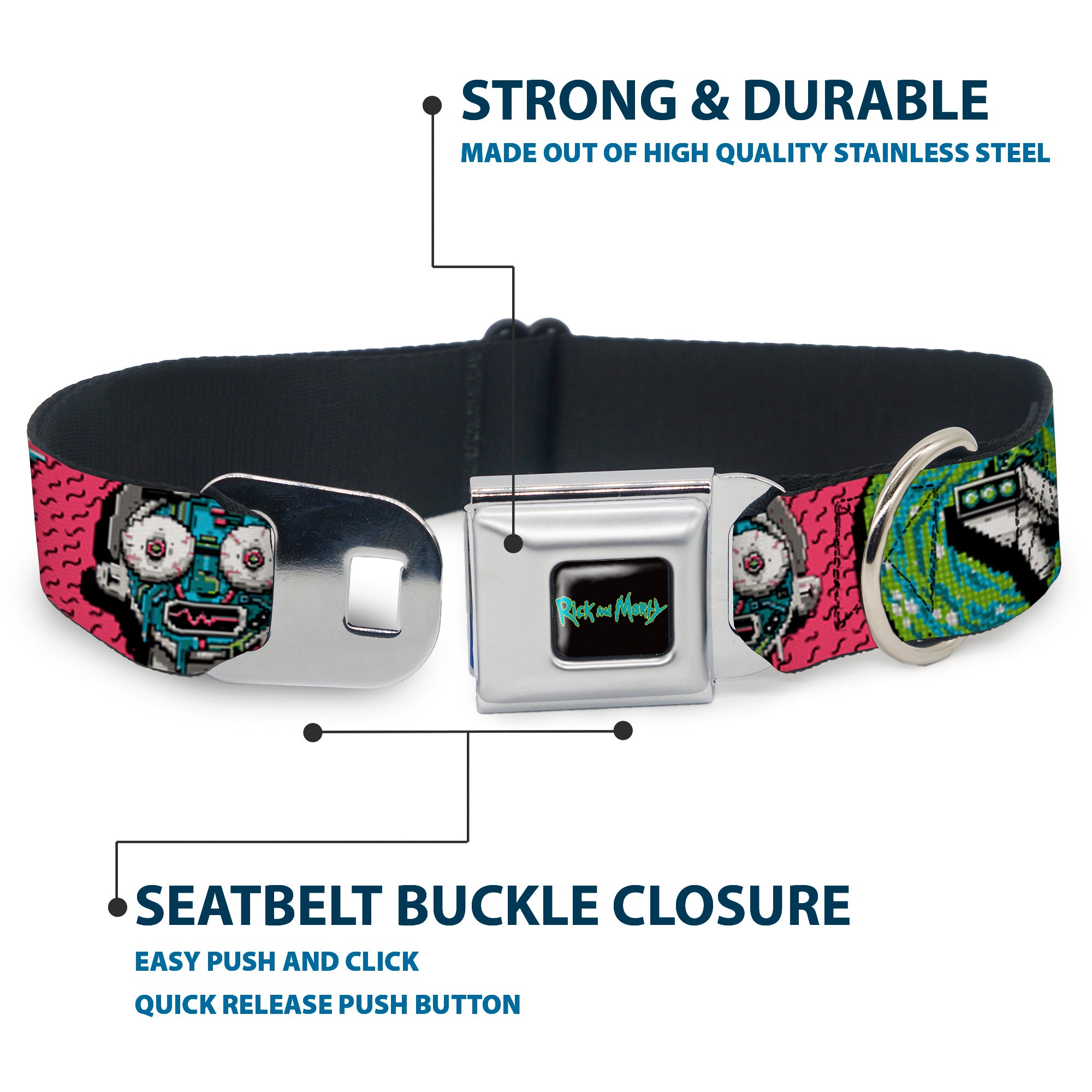 RICK AND MORTY Text Logo Full Color Black/Blue Seatbelt Buckle Collar - Rick and Morty Circuit Faces/Portal Gun Pink Seatbelt Buckle Collars Rick and Morty