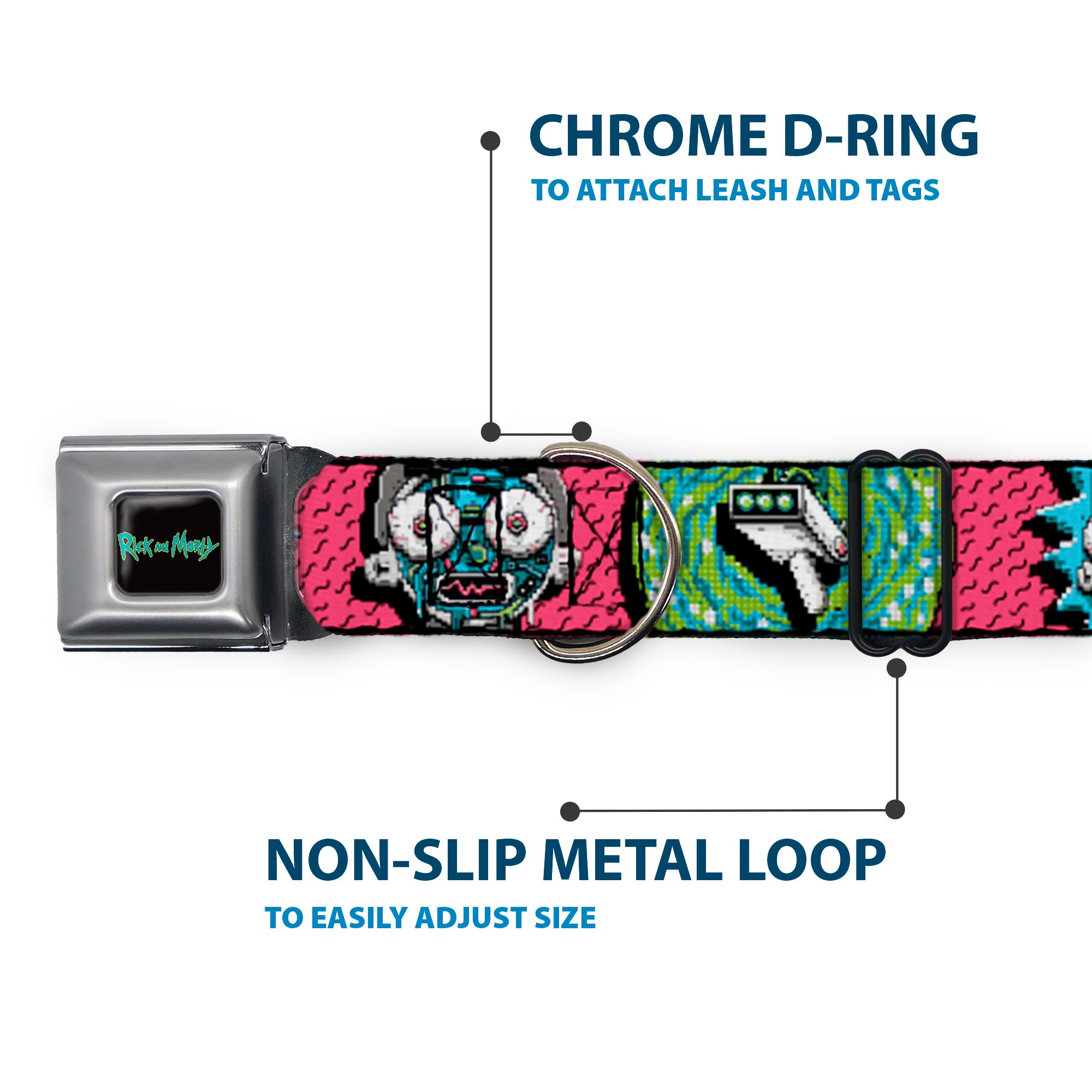 RICK AND MORTY Text Logo Full Color Black/Blue Seatbelt Buckle Collar - Rick and Morty Circuit Faces/Portal Gun Pink Seatbelt Buckle Collars Rick and Morty