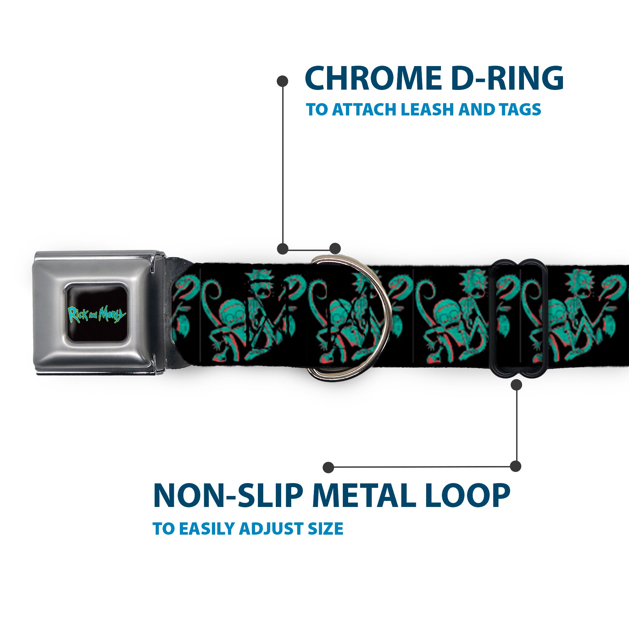 RICK AND MORTY Text Logo Full Color Black/Blue Seatbelt Buckle Collar - Rick and Morty Psychedelic Monster Pose Black/Greens Seatbelt Buckle Collars Rick and Morty