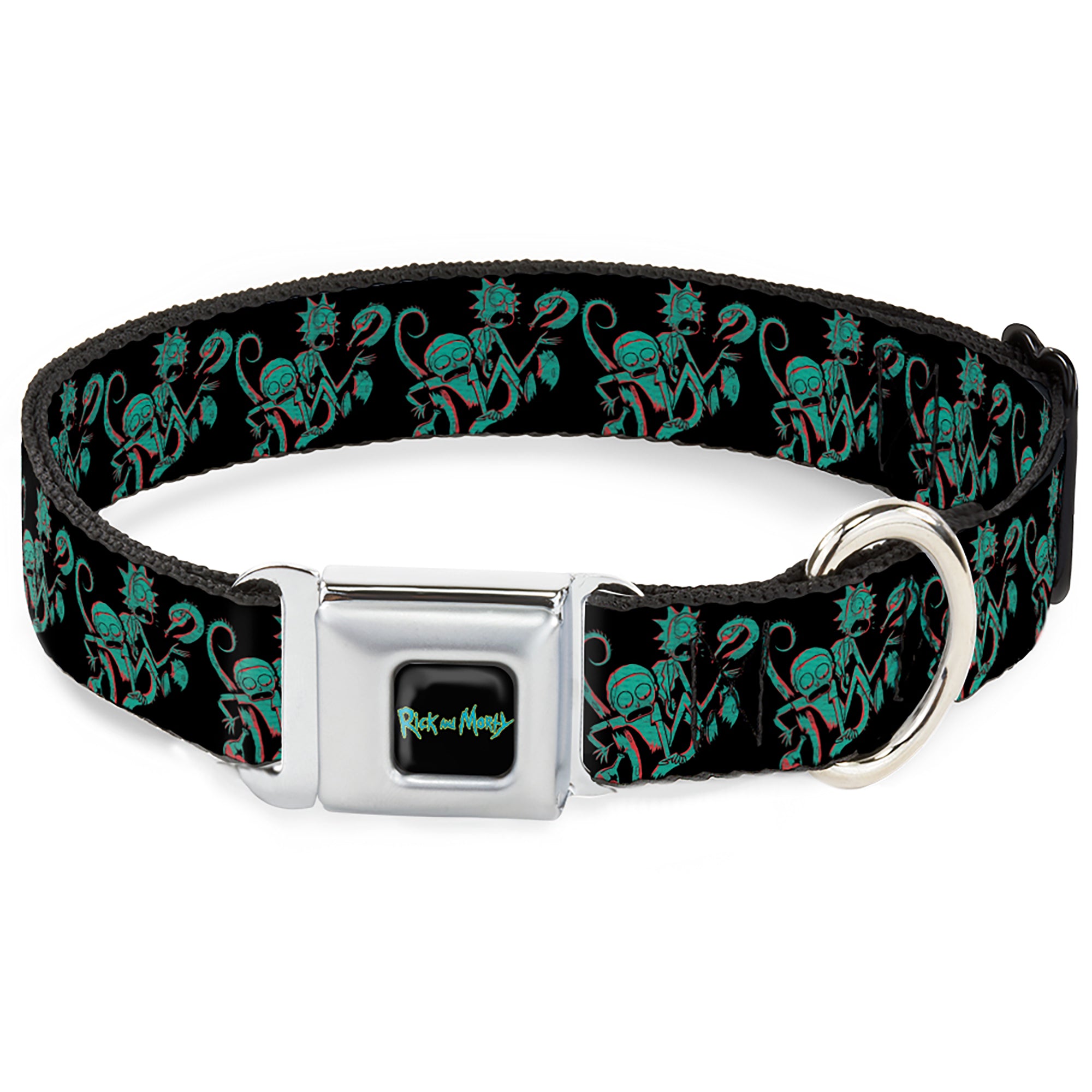 RICK AND MORTY Text Logo Full Color Black/Blue Seatbelt Buckle Collar - Rick and Morty Psychedelic Monster Pose Black/Greens Seatbelt Buckle Collars Rick and Morty