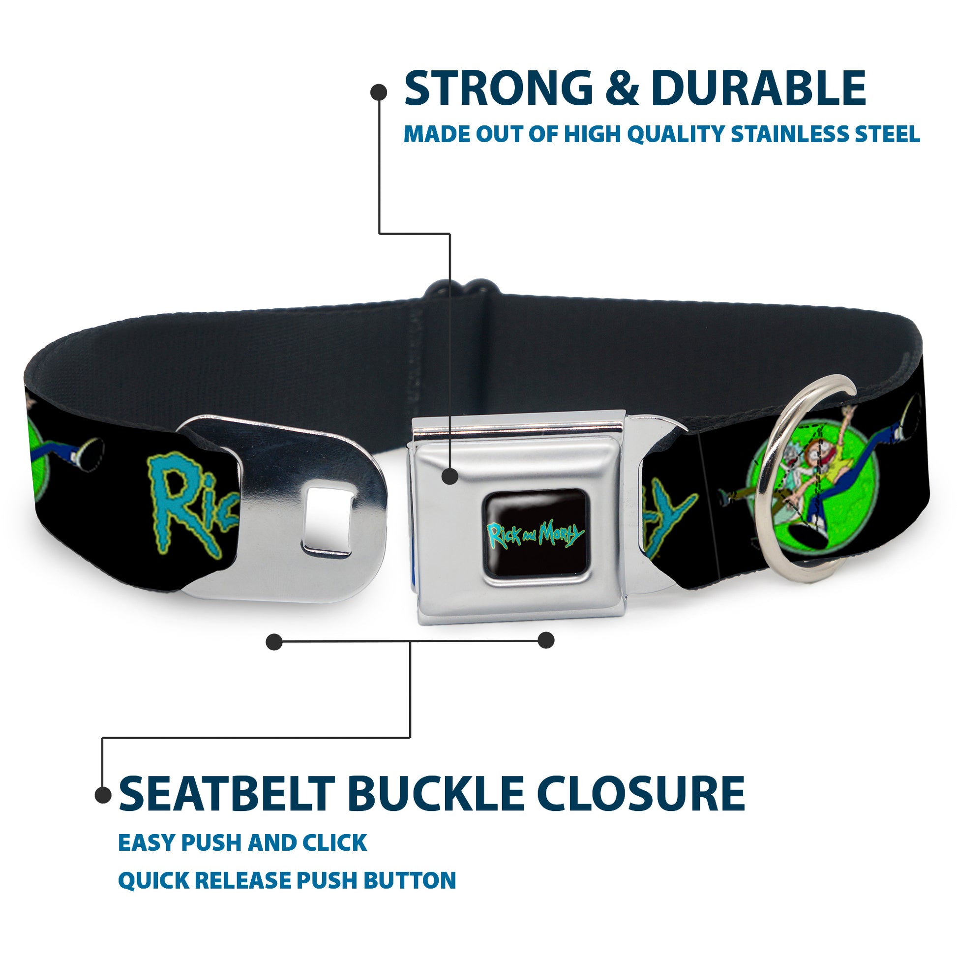 RICK AND MORTY Text Logo Full Color Black/Blue Seatbelt Buckle Collar - RICK AND MORTY Title Logo and Portal Pose Black Seatbelt Buckle Collars Rick and Morty