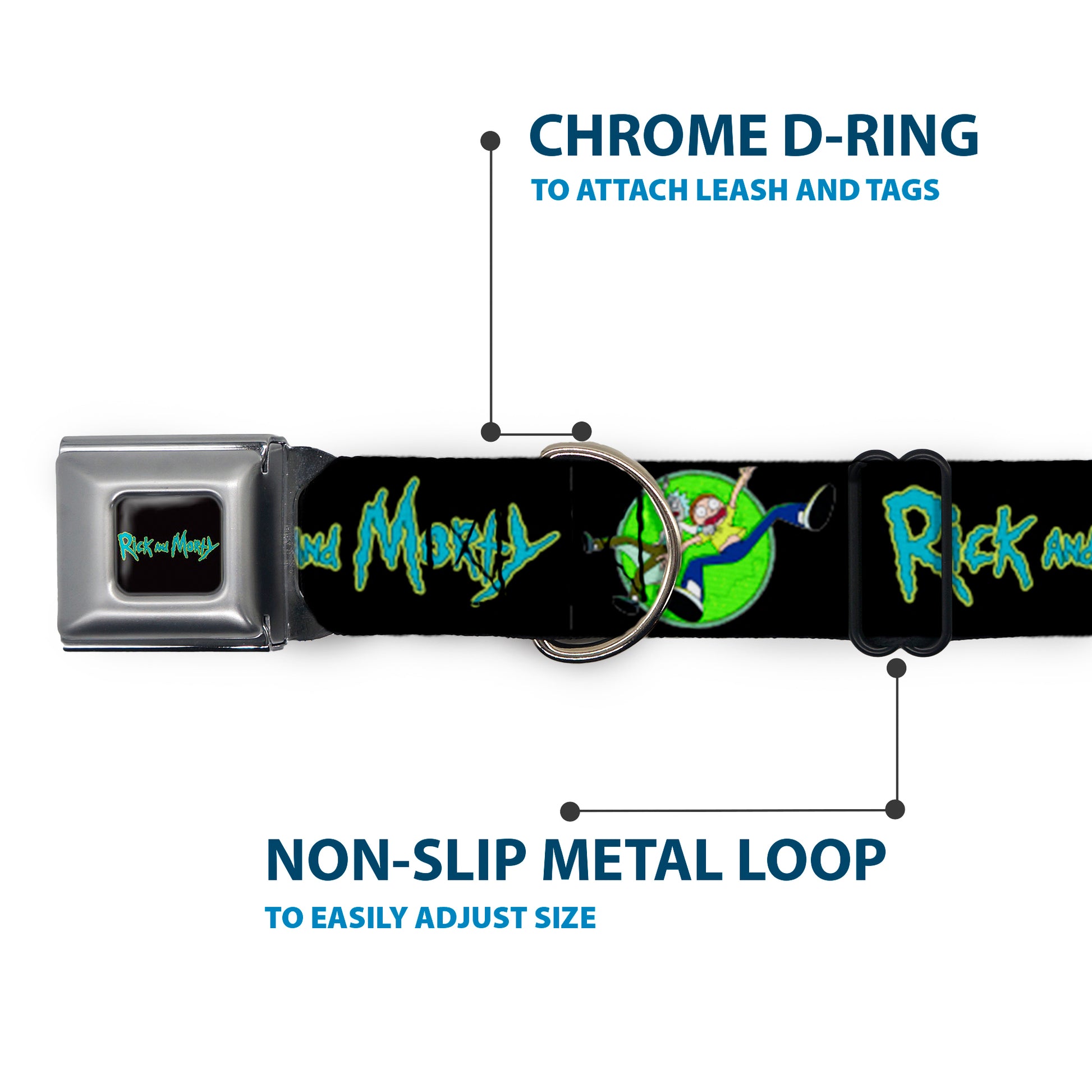 RICK AND MORTY Text Logo Full Color Black/Blue Seatbelt Buckle Collar - RICK AND MORTY Title Logo and Portal Pose Black Seatbelt Buckle Collars Rick and Morty
