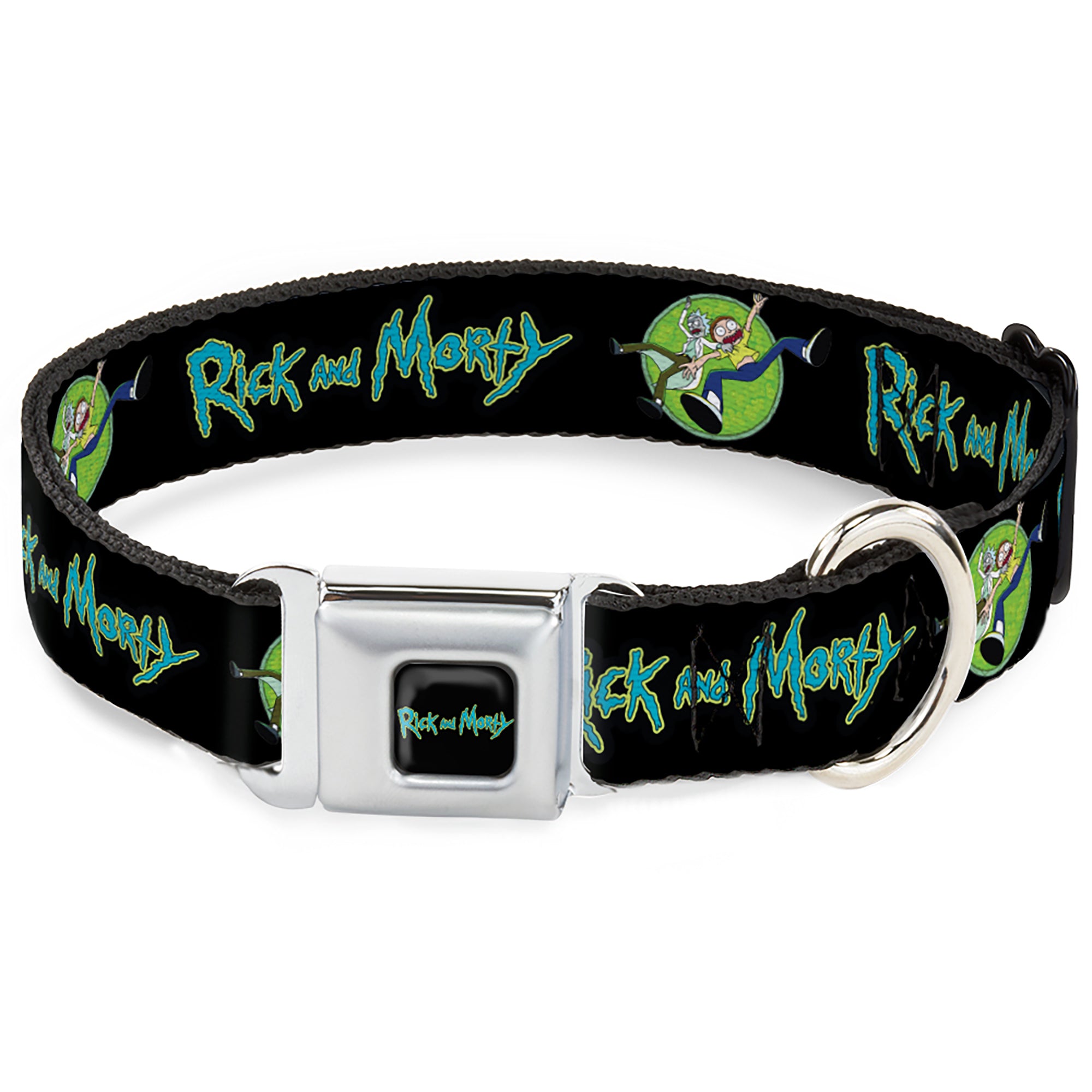 RICK AND MORTY Text Logo Full Color Black/Blue Seatbelt Buckle Collar - RICK AND MORTY Title Logo and Portal Pose Black Seatbelt Buckle Collars Rick and Morty