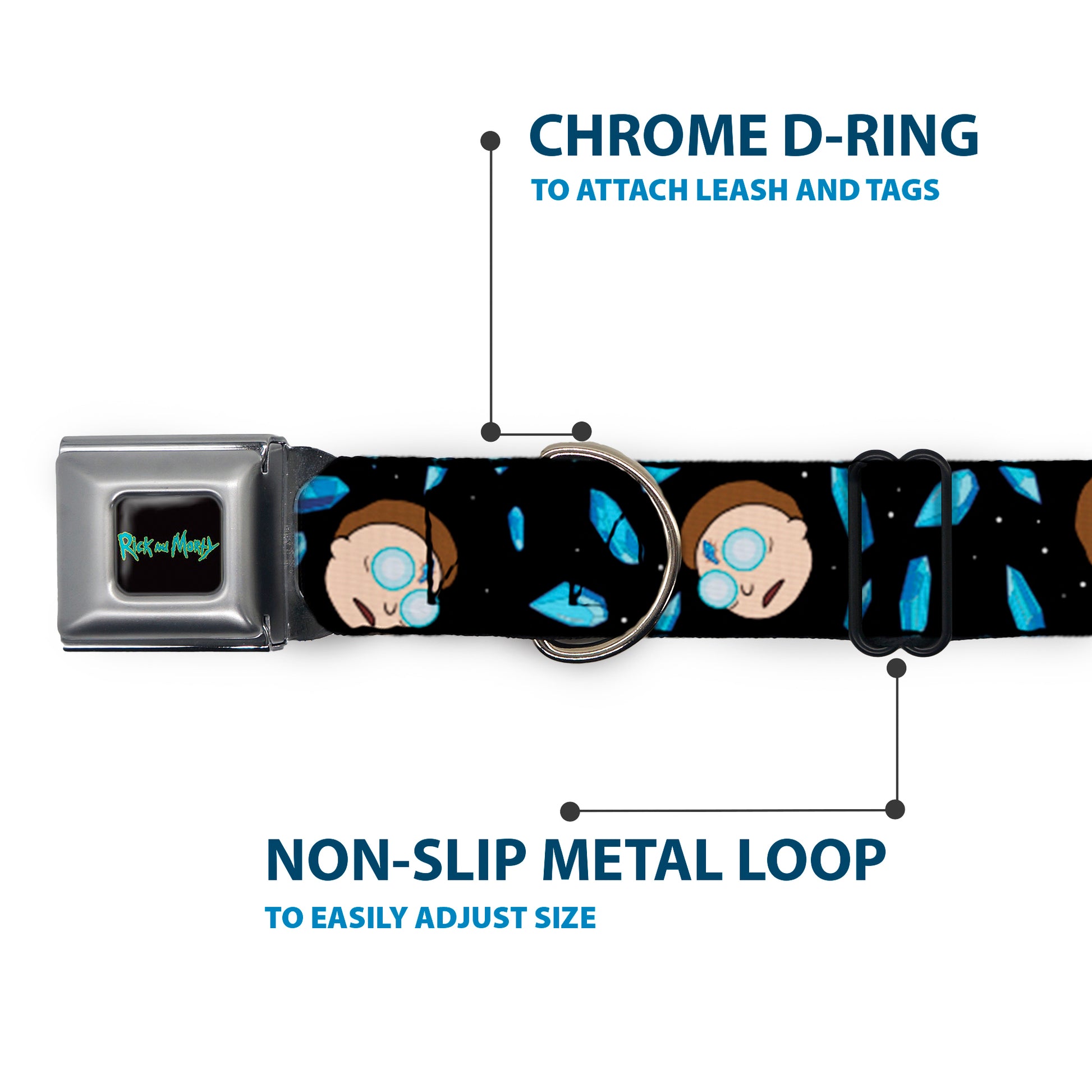 RICK AND MORTY Text Logo Full Color Black/Blue Seatbelt Buckle Collar - Rick and Morty Death Crystals and Morty Expression Black/Blues Seatbelt Buckle Collars Rick and Morty