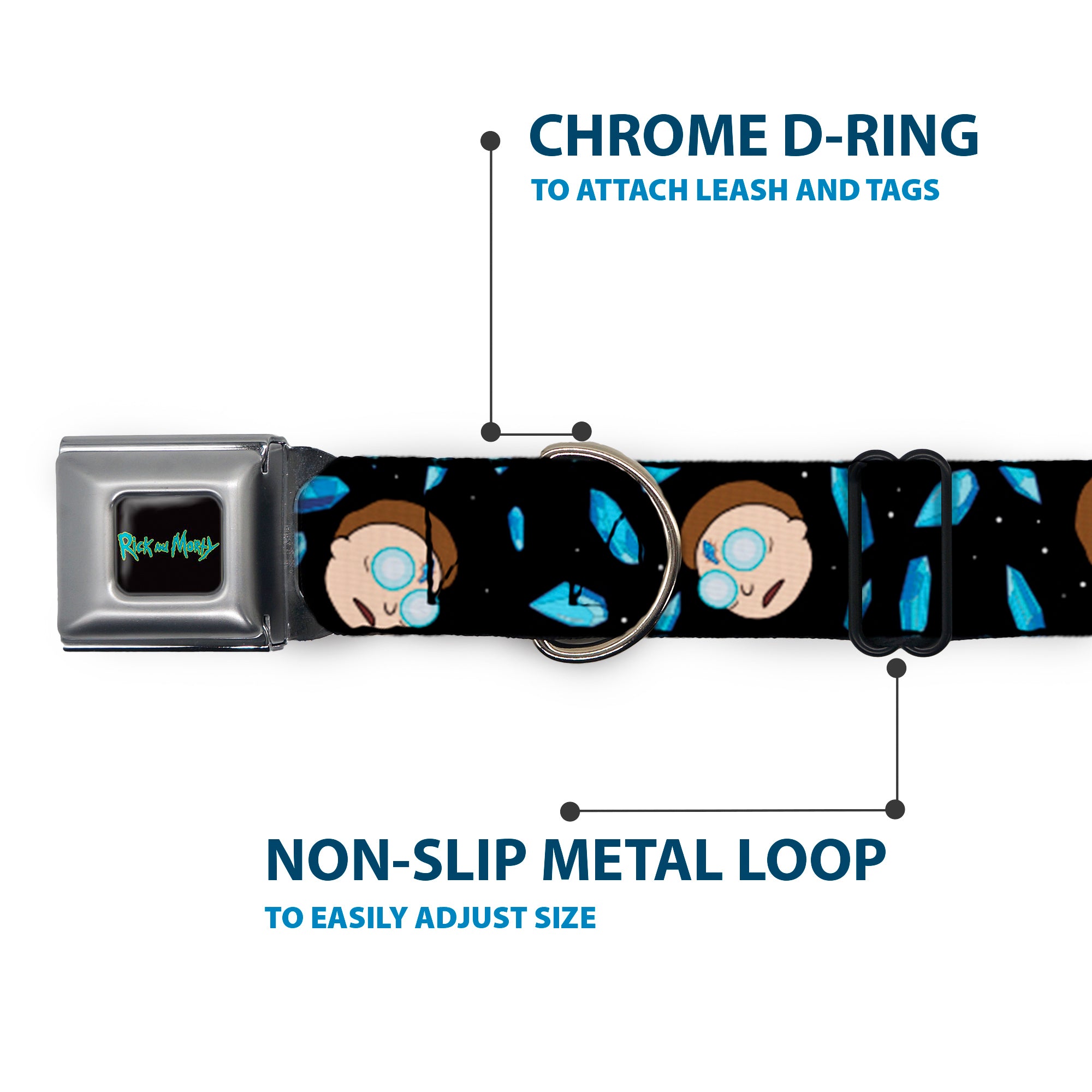 RICK AND MORTY Text Logo Full Color Black/Blue Seatbelt Buckle Collar - Rick and Morty Death Crystals and Morty Expression Black/Blues Seatbelt Buckle Collars Rick and Morty