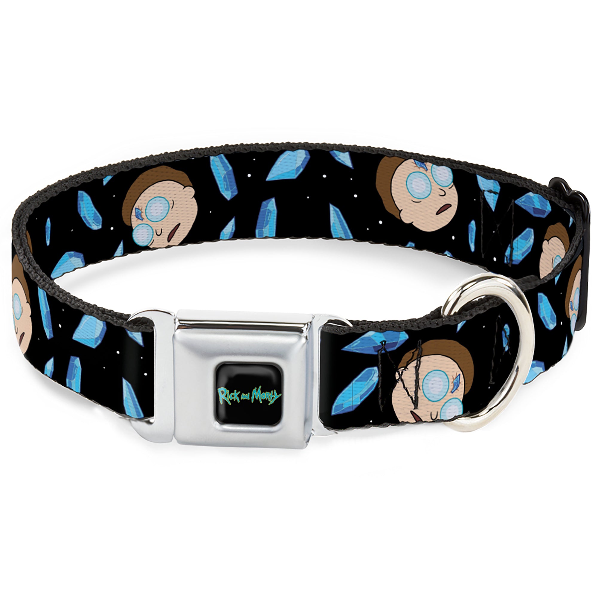 RICK AND MORTY Text Logo Full Color Black/Blue Seatbelt Buckle Collar - Rick and Morty Death Crystals and Morty Expression Black/Blues Seatbelt Buckle Collars Rick and Morty