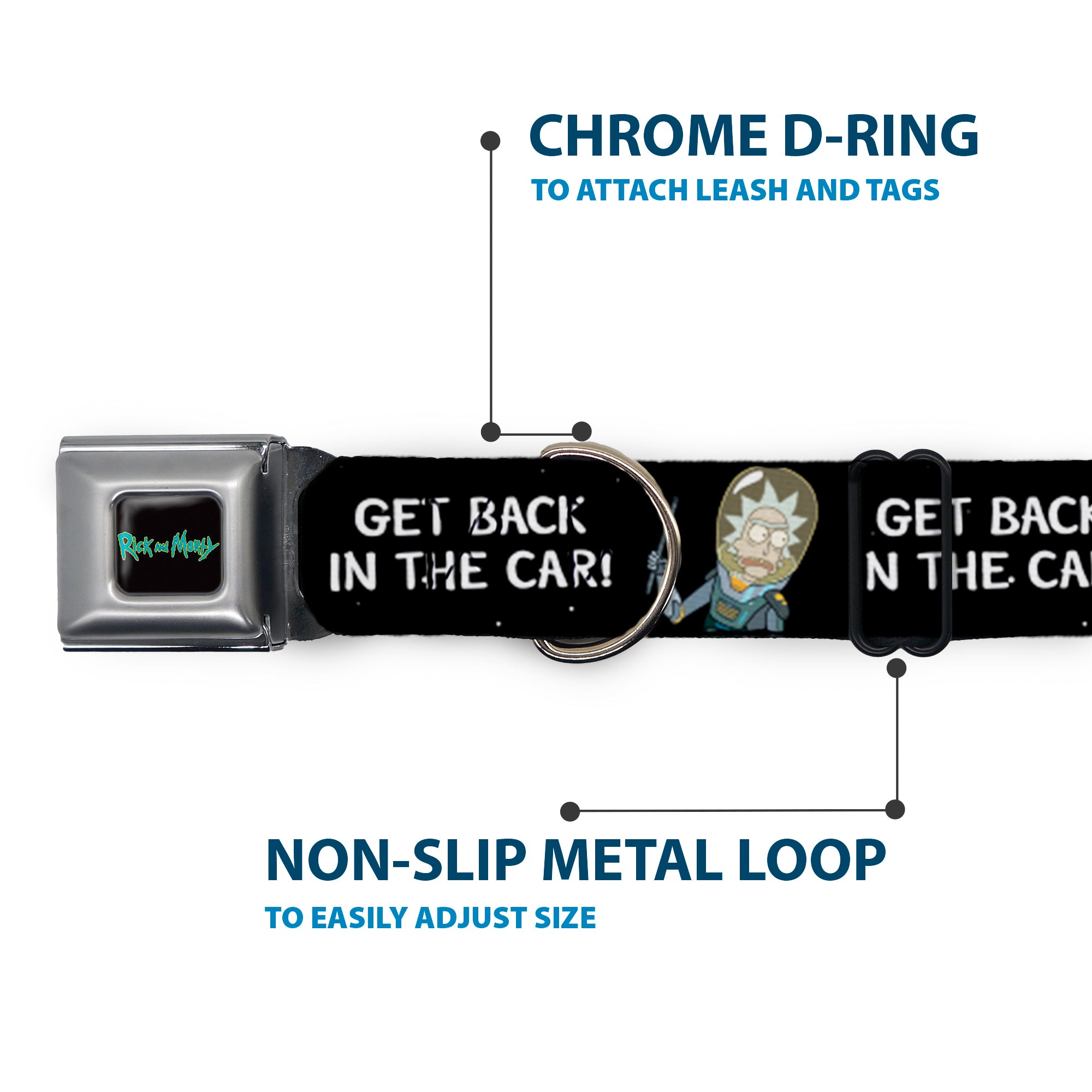 RICK AND MORTY Text Logo Full Color Black/Blue Seatbelt Buckle Collar - Rick and Morty Rick GET BACK IN THE CAR Pose Black/White Seatbelt Buckle Collars Rick and Morty