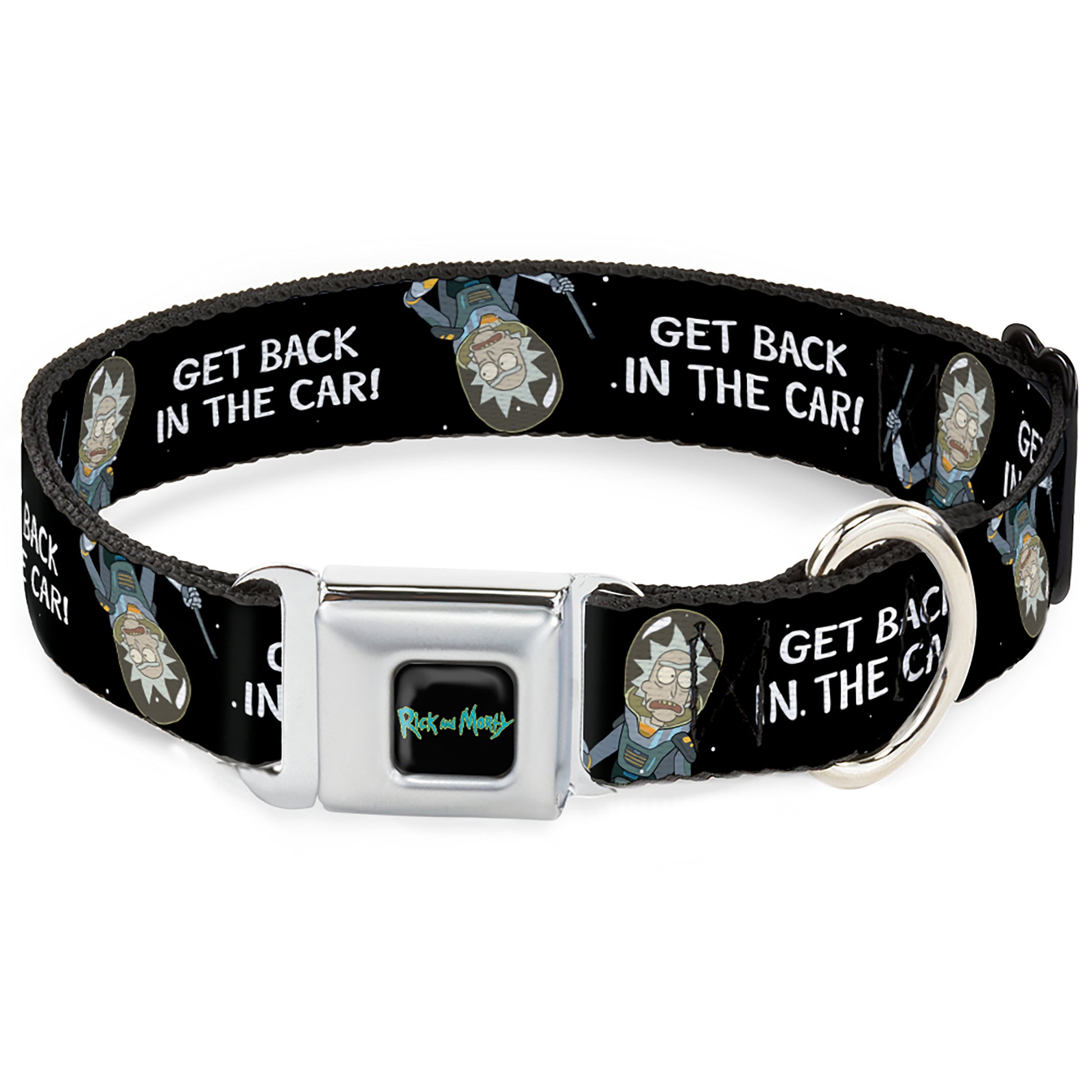 RICK AND MORTY Text Logo Full Color Black/Blue Seatbelt Buckle Collar - Rick and Morty Rick GET BACK IN THE CAR Pose Black/White Seatbelt Buckle Collars Rick and Morty