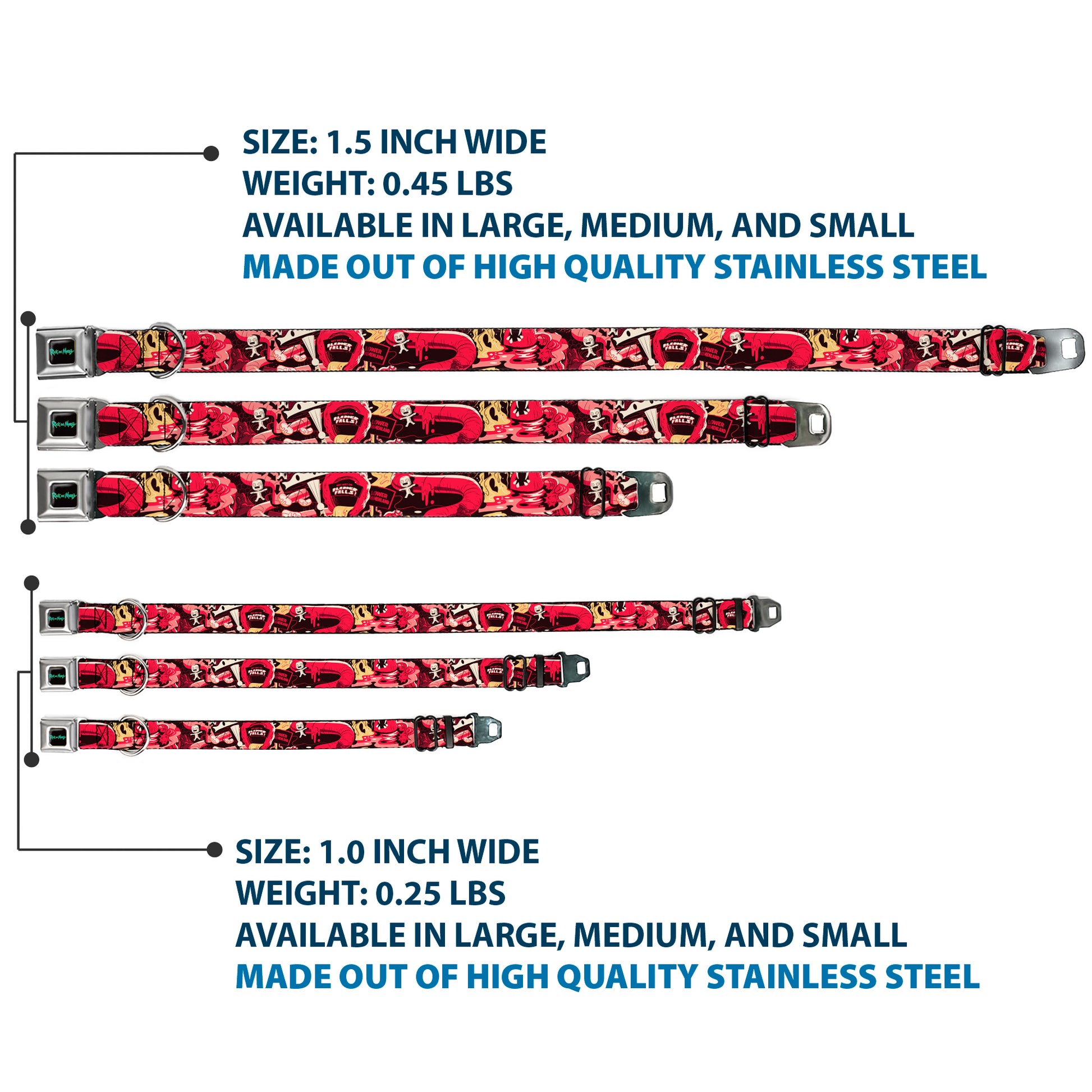 RICK AND MORTY Text Logo Full Color Black/Blue Seatbelt Buckle Collar - Rick and Morty Anatomy Park Collage Reds/Black Seatbelt Buckle Collars Rick and Morty