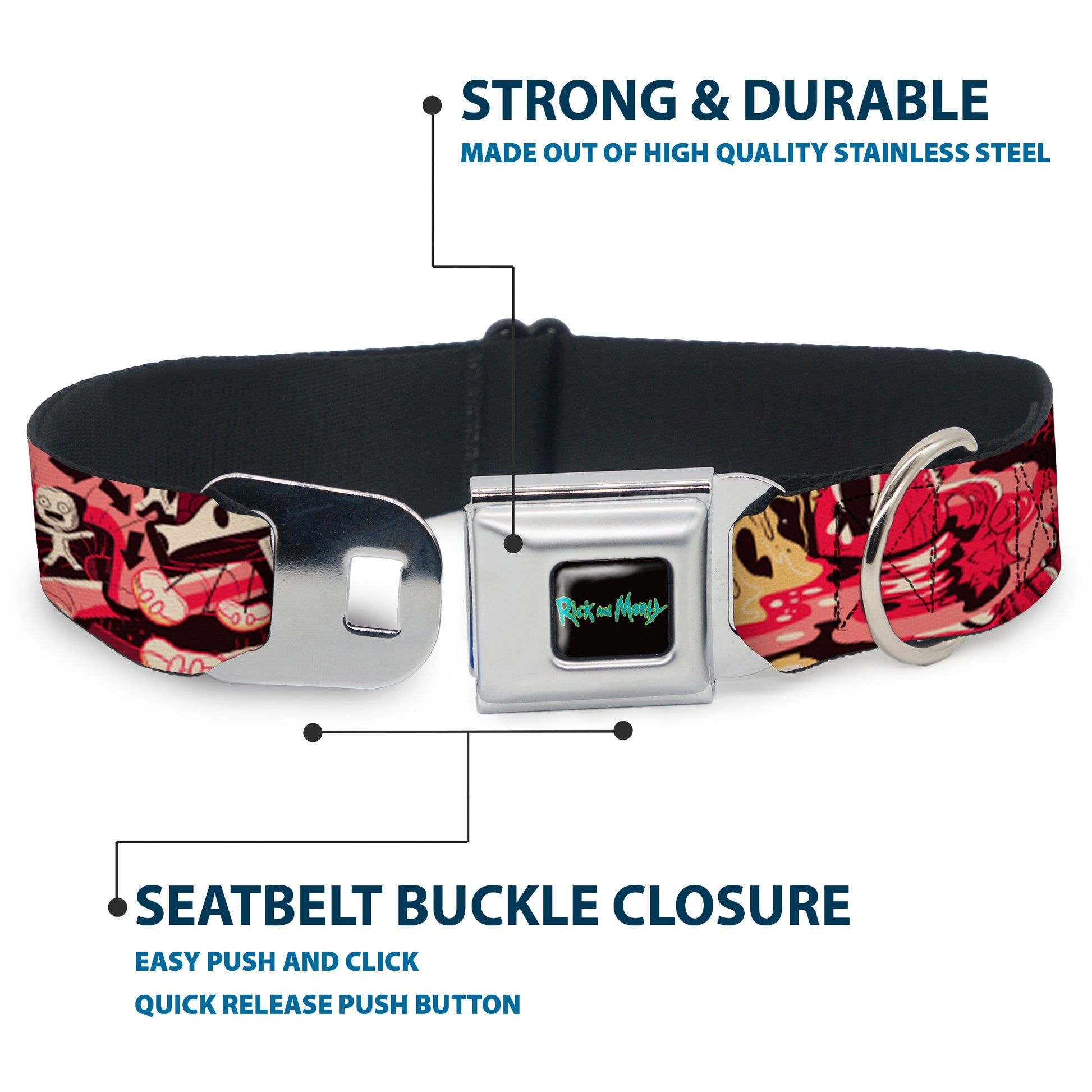 RICK AND MORTY Text Logo Full Color Black/Blue Seatbelt Buckle Collar - Rick and Morty Anatomy Park Collage Reds/Black Seatbelt Buckle Collars Rick and Morty