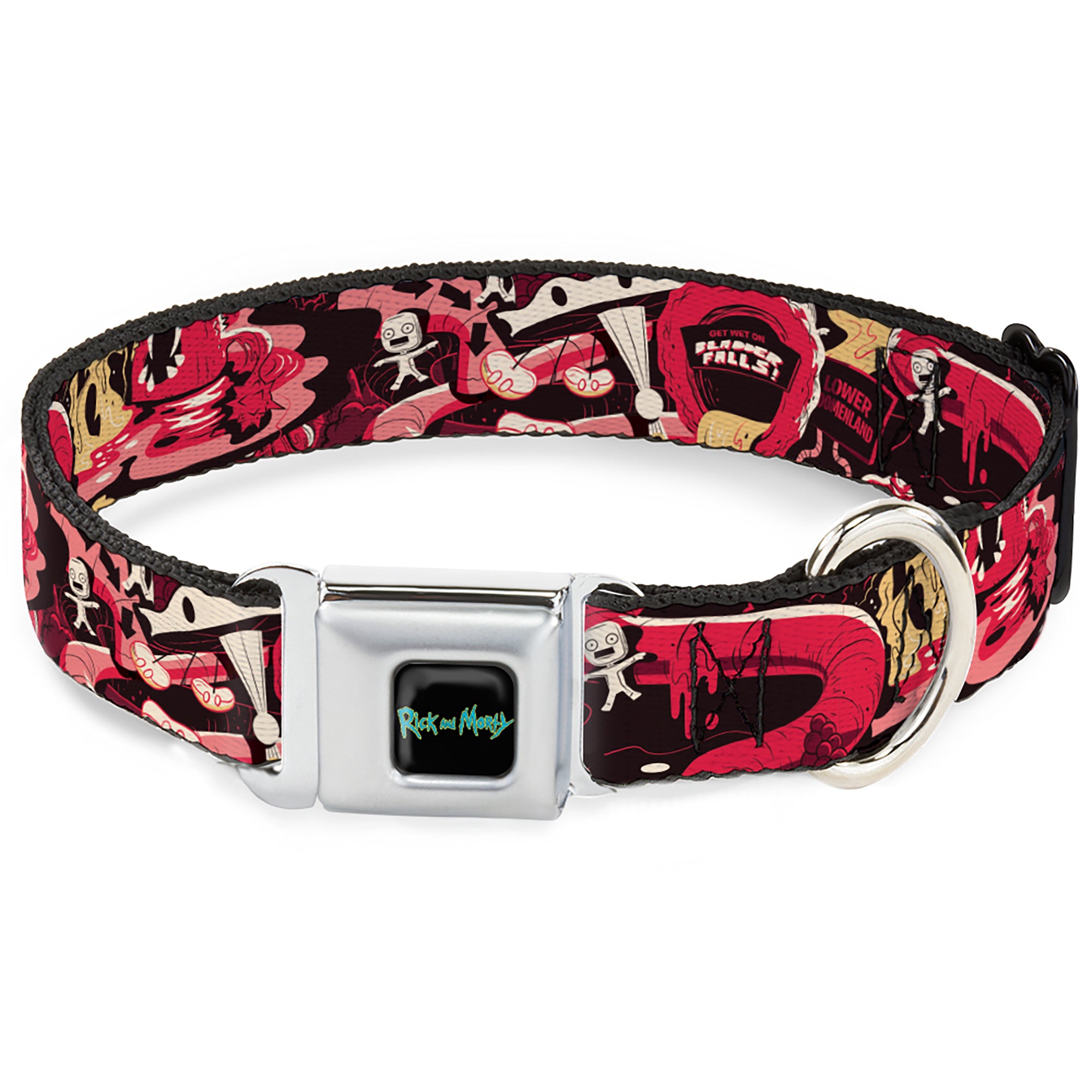 RICK AND MORTY Text Logo Full Color Black/Blue Seatbelt Buckle Collar - Rick and Morty Anatomy Park Collage Reds/Black Seatbelt Buckle Collars Rick and Morty