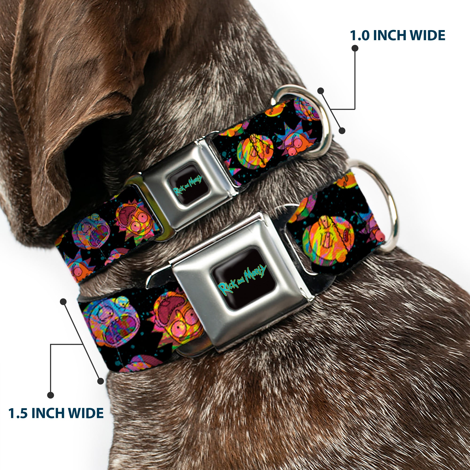 RICK AND MORTY Text Logo Full Color Black/Blue Seatbelt Buckle Collar - Rick and Morty Vaporwave Expressions Scattered Black/Multi Color Seatbelt Buckle Collars Rick and Morty