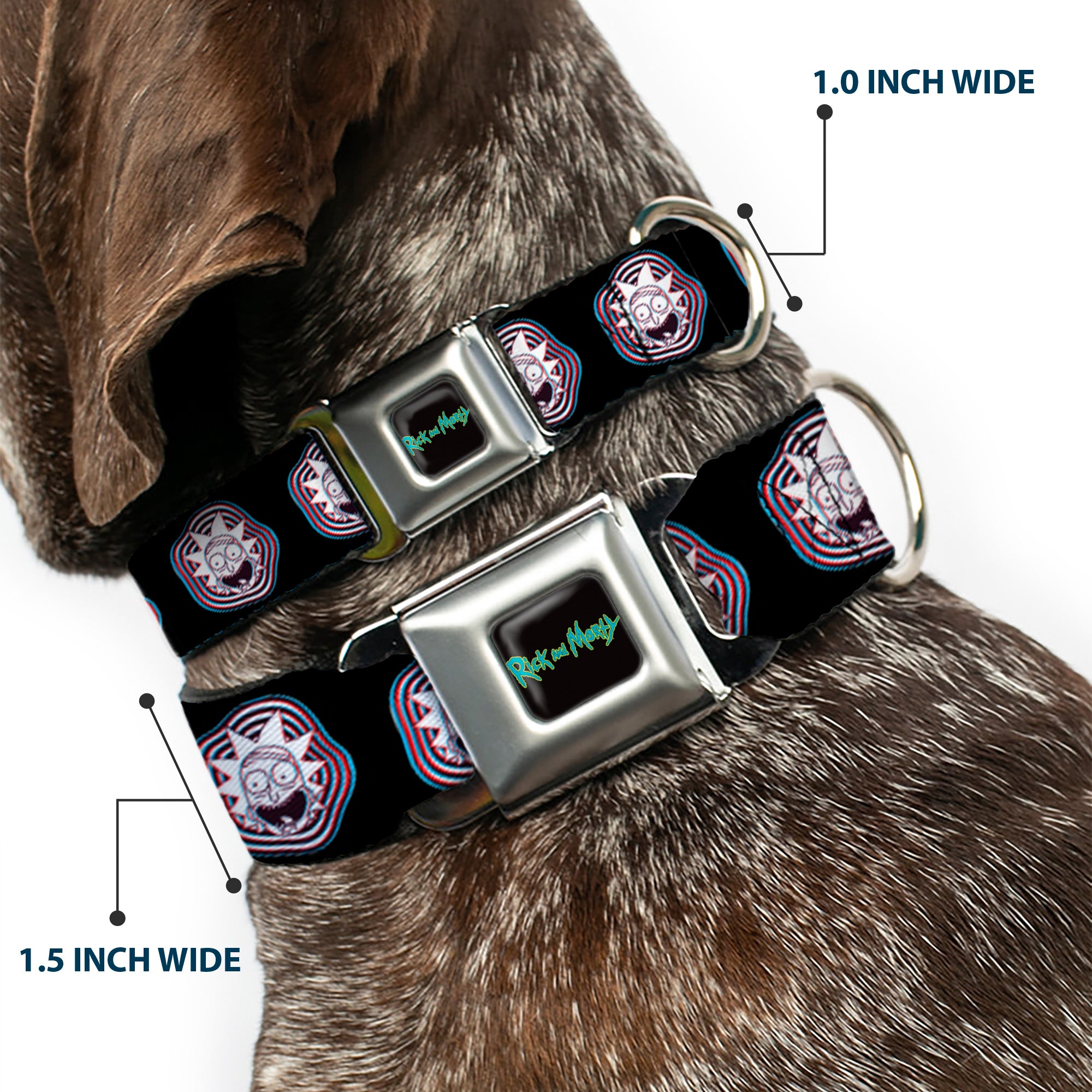 RICK AND MORTY Text Logo Full Color Black/Blue Seatbelt Buckle Collar - Rick and Morty Rick Vaporwave Bullseye Black/Blue/Red/White Seatbelt Buckle Collars Rick and Morty