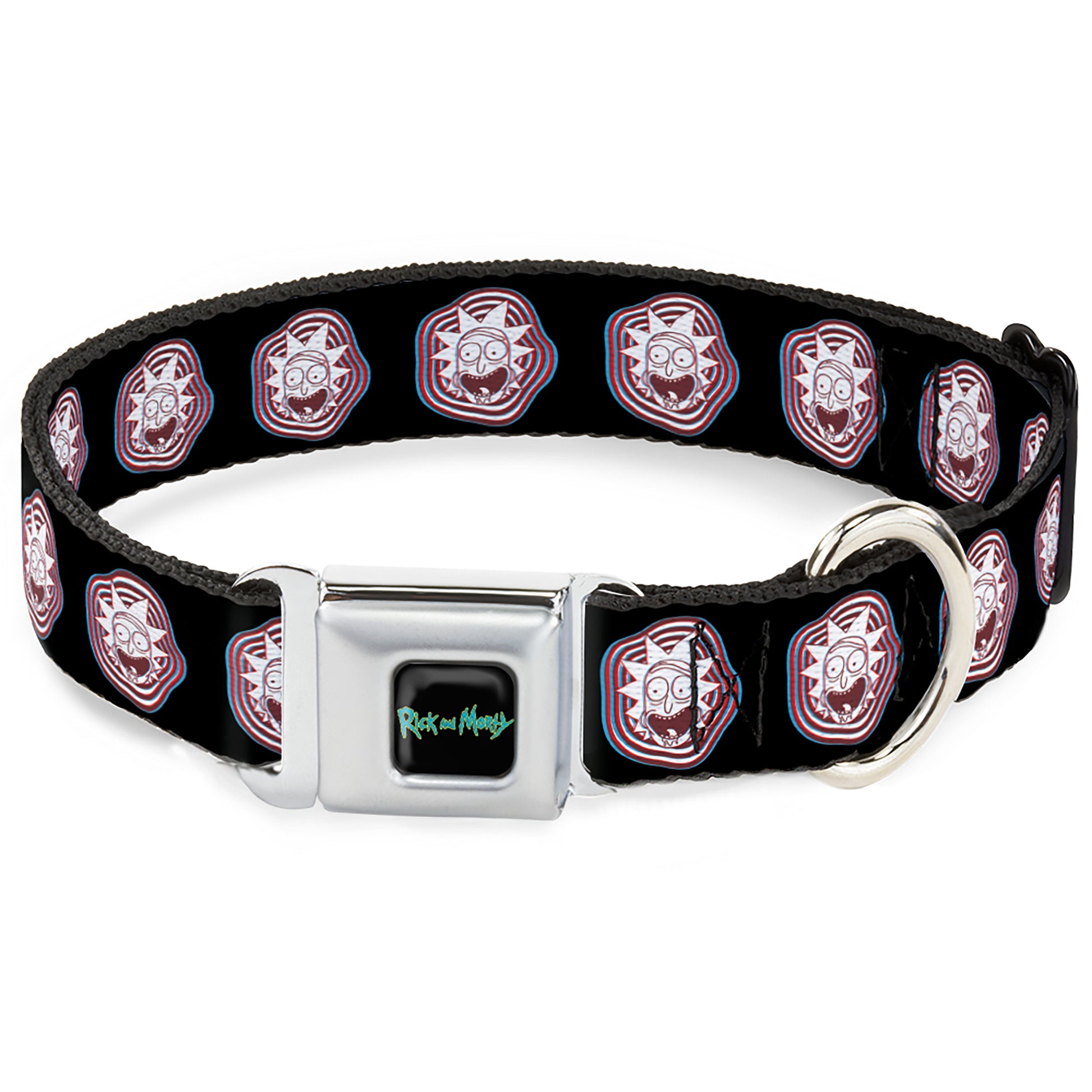 RICK AND MORTY Text Logo Full Color Black/Blue Seatbelt Buckle Collar - Rick and Morty Rick Vaporwave Bullseye Black/Blue/Red/White Seatbelt Buckle Collars Rick and Morty