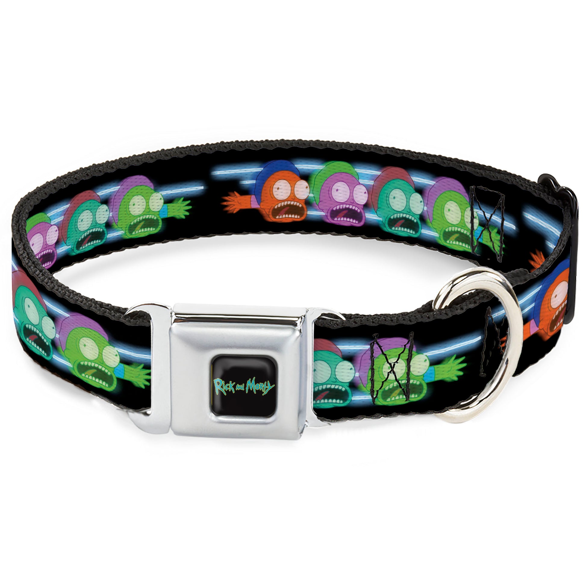 RICK AND MORTY Text Logo Full Color Black/Blue Seatbelt Buckle Collar - Morty Screaming Face Black/Multi Color Seatbelt Buckle Collars Rick and Morty