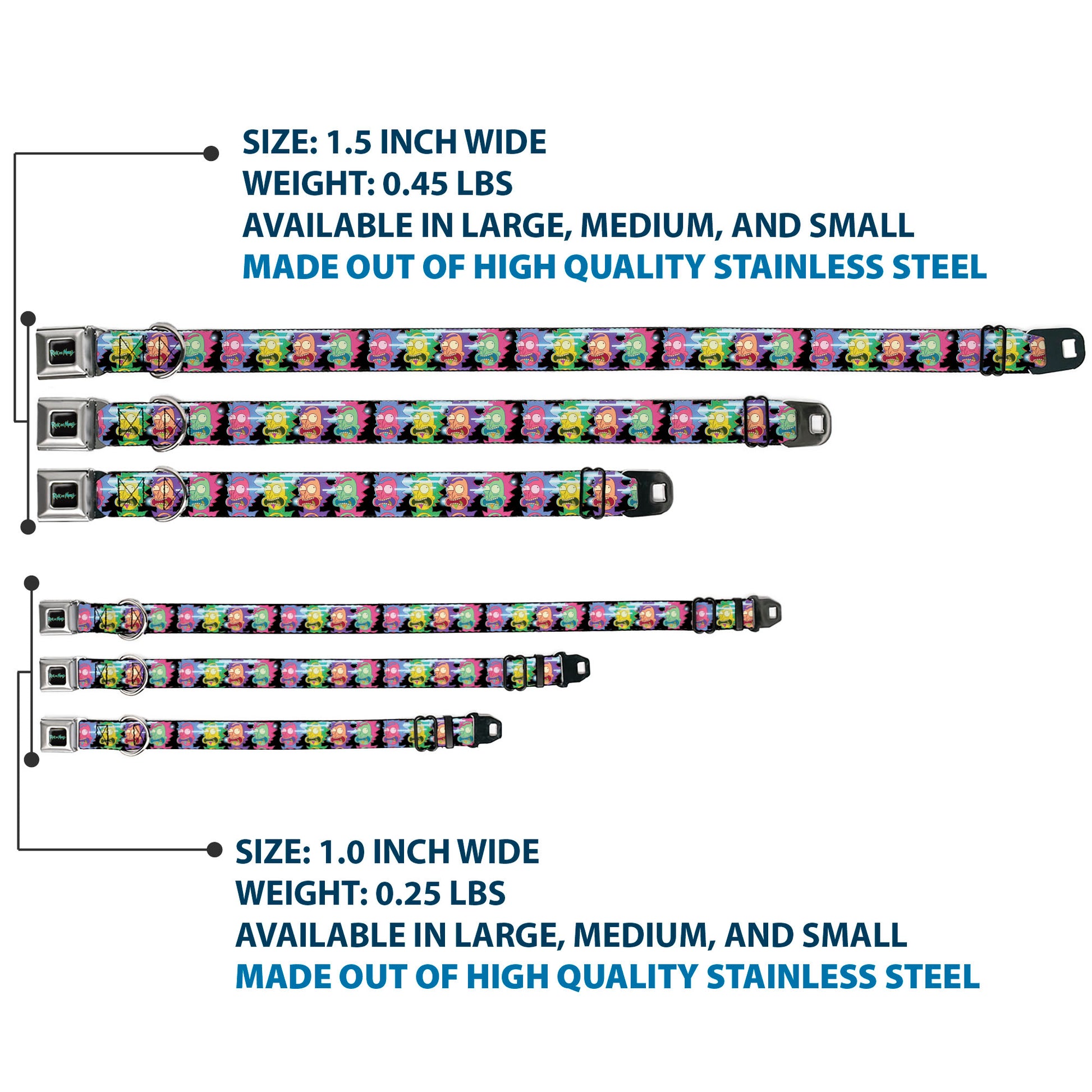 RICK AND MORTY Text Logo Full Color Black/Blue Seatbelt Buckle Collar - Rick Sanchez Screaming Face Black/Multi Color Seatbelt Buckle Collars Rick and Morty