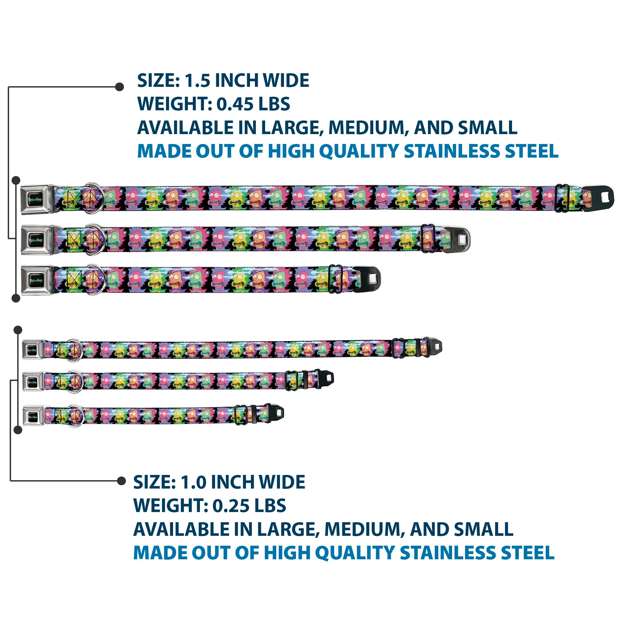 RICK AND MORTY Text Logo Full Color Black/Blue Seatbelt Buckle Collar - Rick Sanchez Screaming Face Black/Multi Color Seatbelt Buckle Collars Rick and Morty