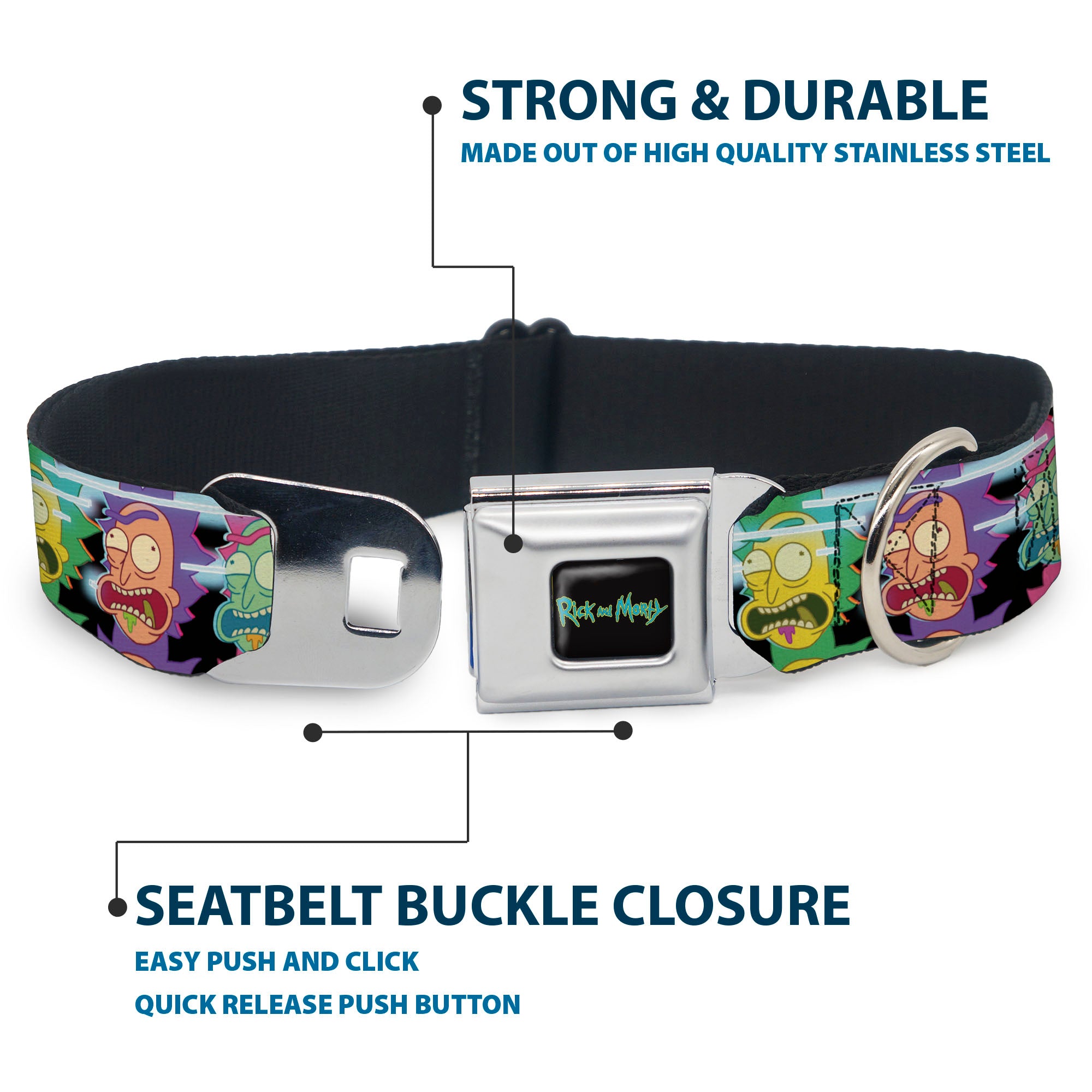 RICK AND MORTY Text Logo Full Color Black/Blue Seatbelt Buckle Collar - Rick Sanchez Screaming Face Black/Multi Color Seatbelt Buckle Collars Rick and Morty