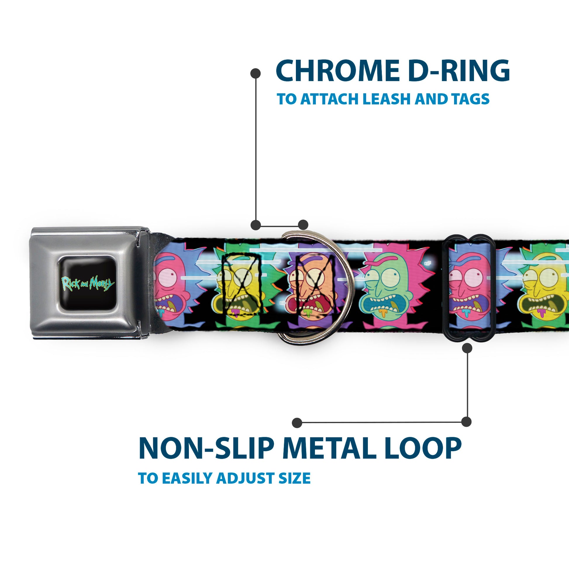 RICK AND MORTY Text Logo Full Color Black/Blue Seatbelt Buckle Collar - Rick Sanchez Screaming Face Black/Multi Color Seatbelt Buckle Collars Rick and Morty