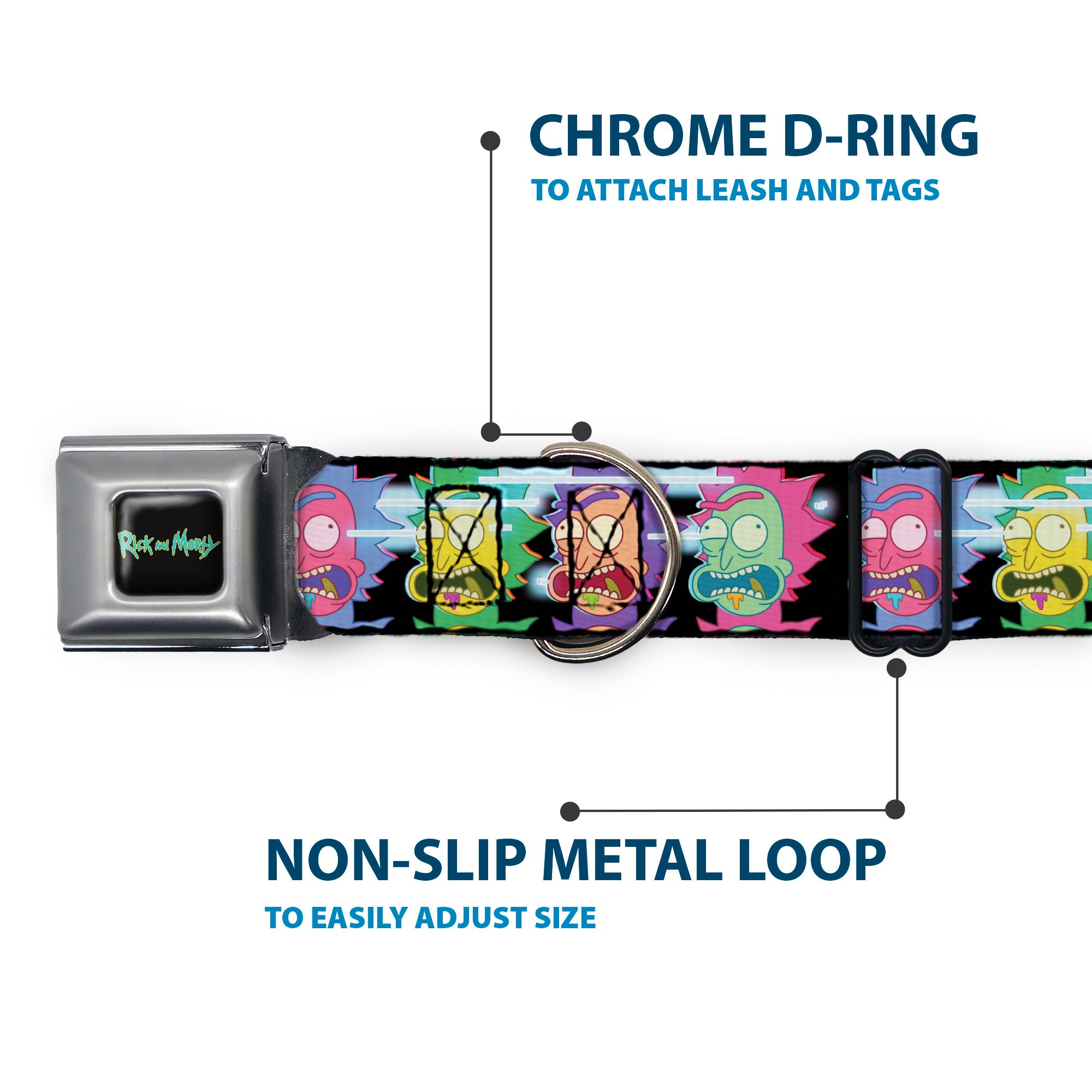 RICK AND MORTY Text Logo Full Color Black/Blue Seatbelt Buckle Collar - Rick Sanchez Screaming Face Black/Multi Color Seatbelt Buckle Collars Rick and Morty