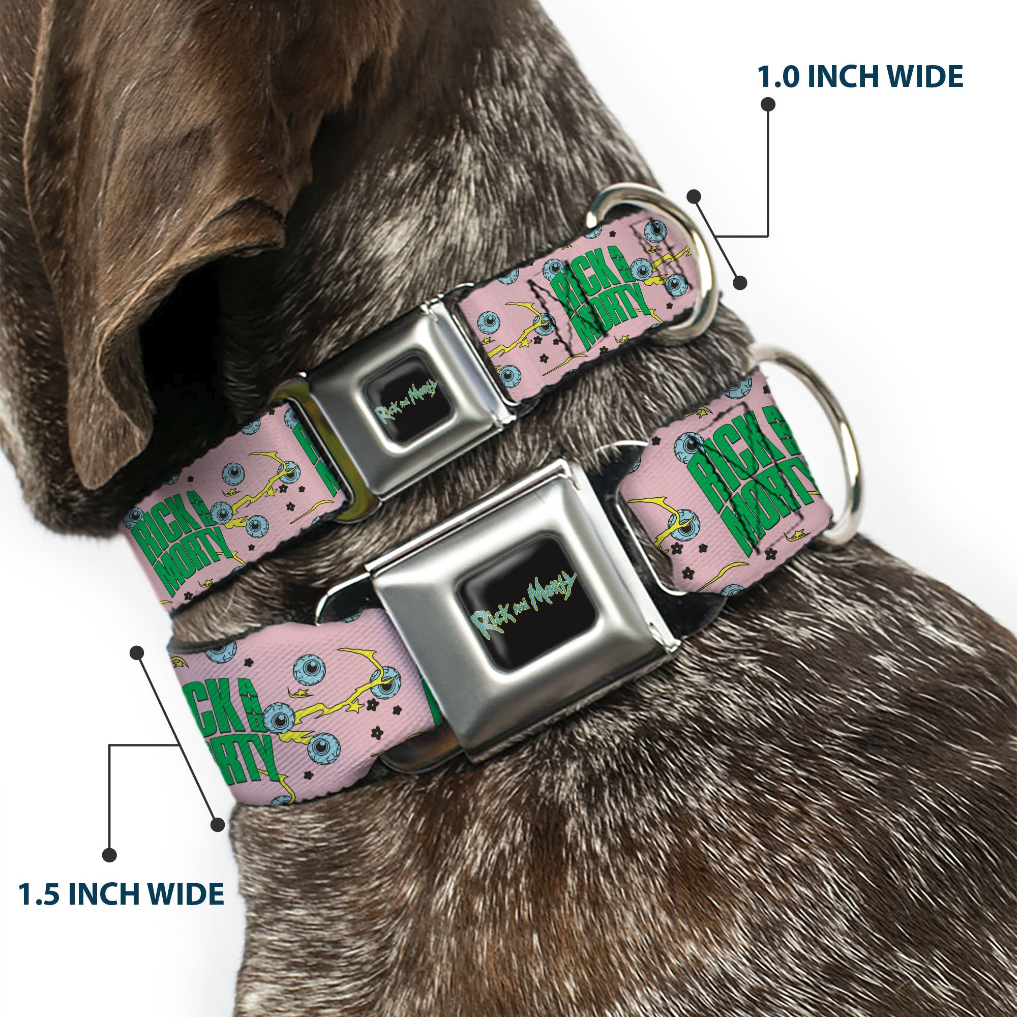 RICK AND MORTY Text Logo Full Color Black/Blue Seatbelt Buckle Collar - RICK AND MORTY Text and Eyeball Collage Pink/Green Seatbelt Buckle Collars Rick and Morty
