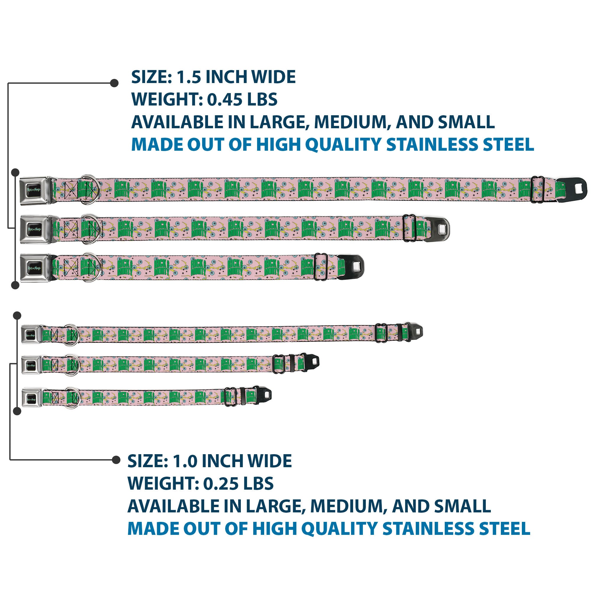 RICK AND MORTY Text Logo Full Color Black/Blue Seatbelt Buckle Collar - RICK AND MORTY Text and Eyeball Collage Pink/Green Seatbelt Buckle Collars Rick and Morty