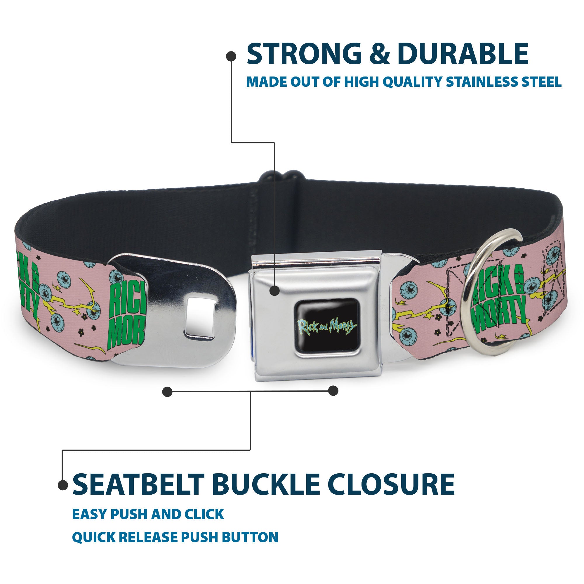 RICK AND MORTY Text Logo Full Color Black/Blue Seatbelt Buckle Collar - RICK AND MORTY Text and Eyeball Collage Pink/Green Seatbelt Buckle Collars Rick and Morty