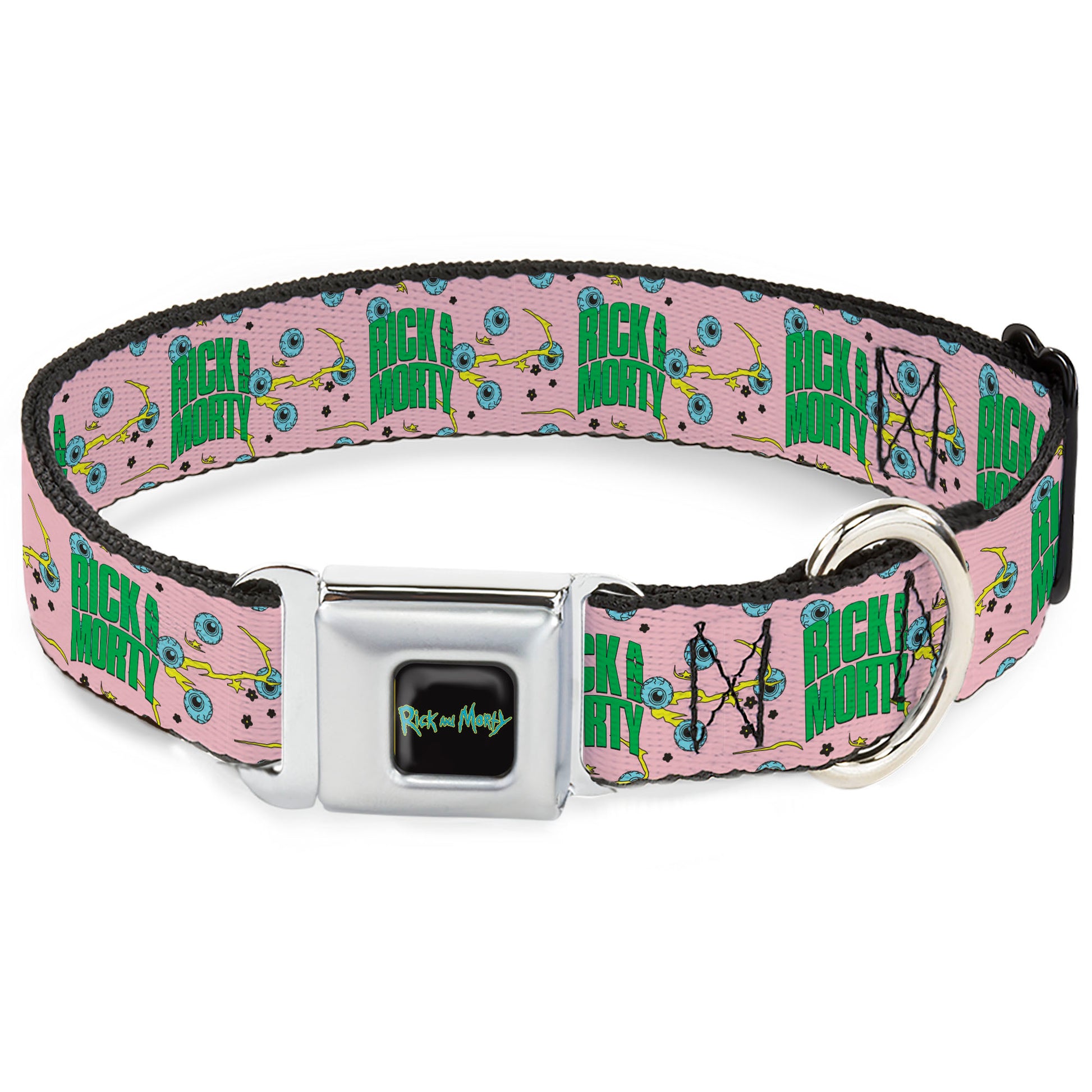 RICK AND MORTY Text Logo Full Color Black/Blue Seatbelt Buckle Collar - RICK AND MORTY Text and Eyeball Collage Pink/Green Seatbelt Buckle Collars Rick and Morty