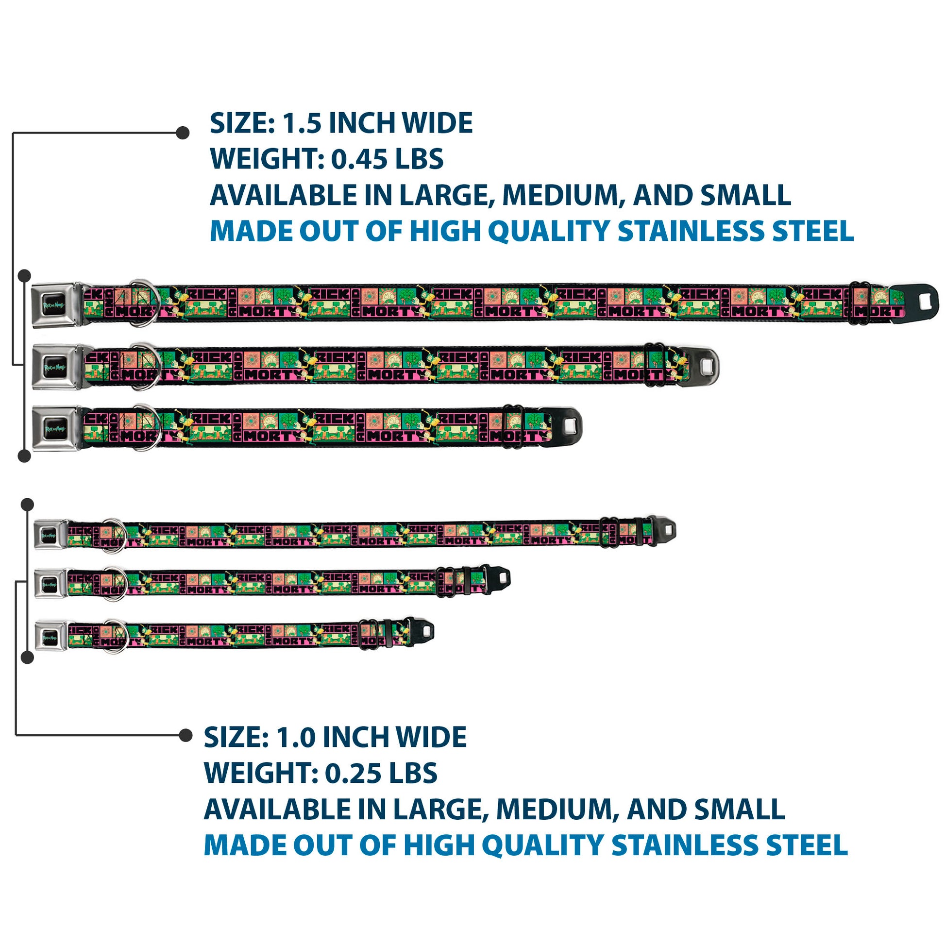 RICK AND MORTY Text Logo Full Color Black/Blue Seatbelt Buckle Collar - RICK AND MORTY Text Blocks and Scenes Black/Multi Color Seatbelt Buckle Collars Rick and Morty