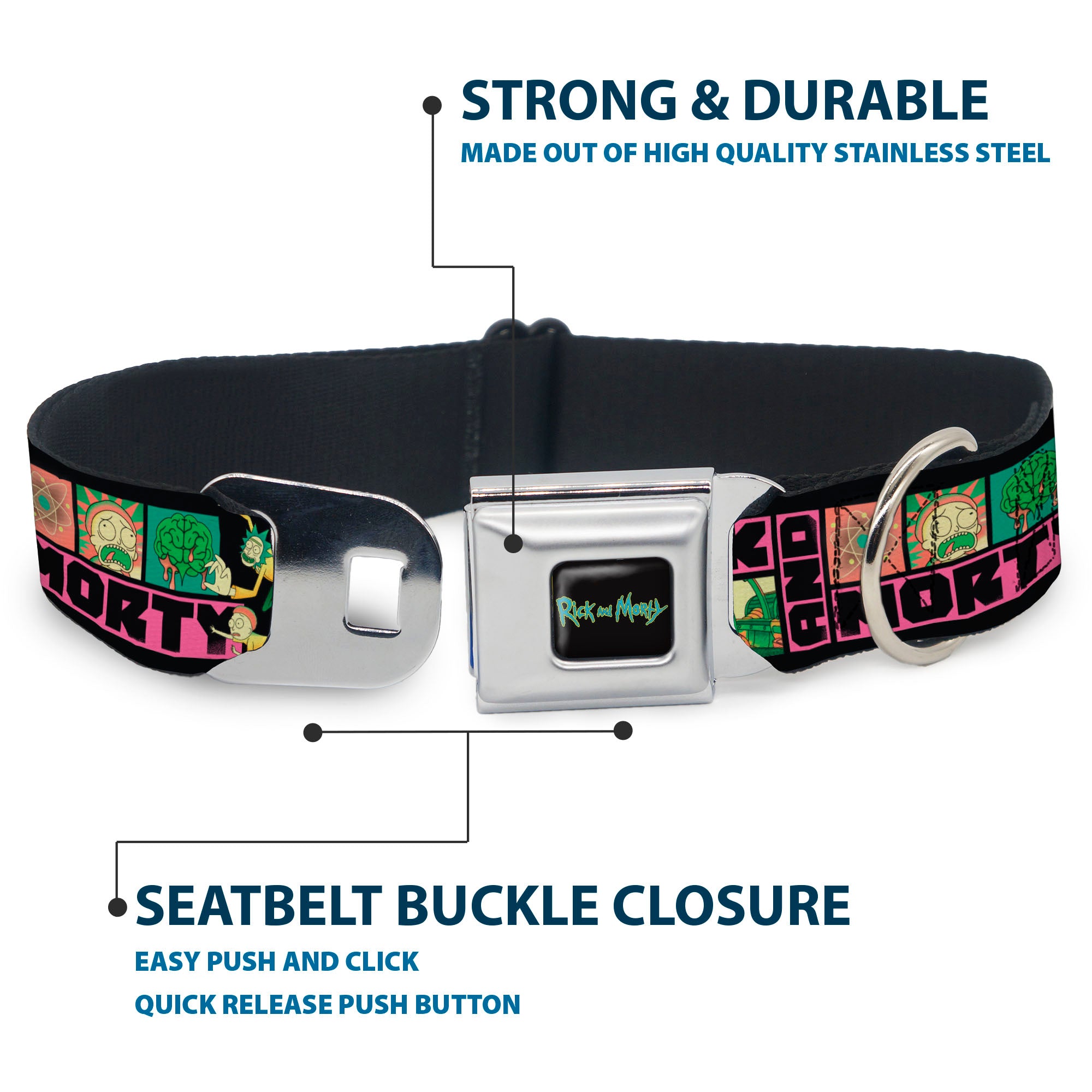 RICK AND MORTY Text Logo Full Color Black/Blue Seatbelt Buckle Collar - RICK AND MORTY Text Blocks and Scenes Black/Multi Color Seatbelt Buckle Collars Rick and Morty