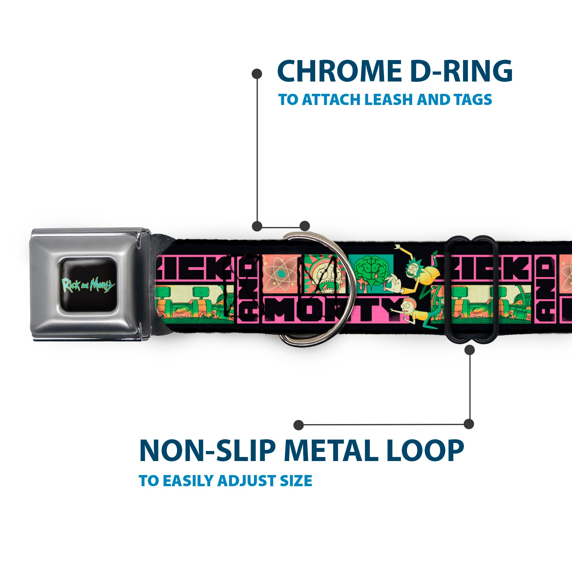 RICK AND MORTY Text Logo Full Color Black/Blue Seatbelt Buckle Collar - RICK AND MORTY Text Blocks and Scenes Black/Multi Color Seatbelt Buckle Collars Rick and Morty