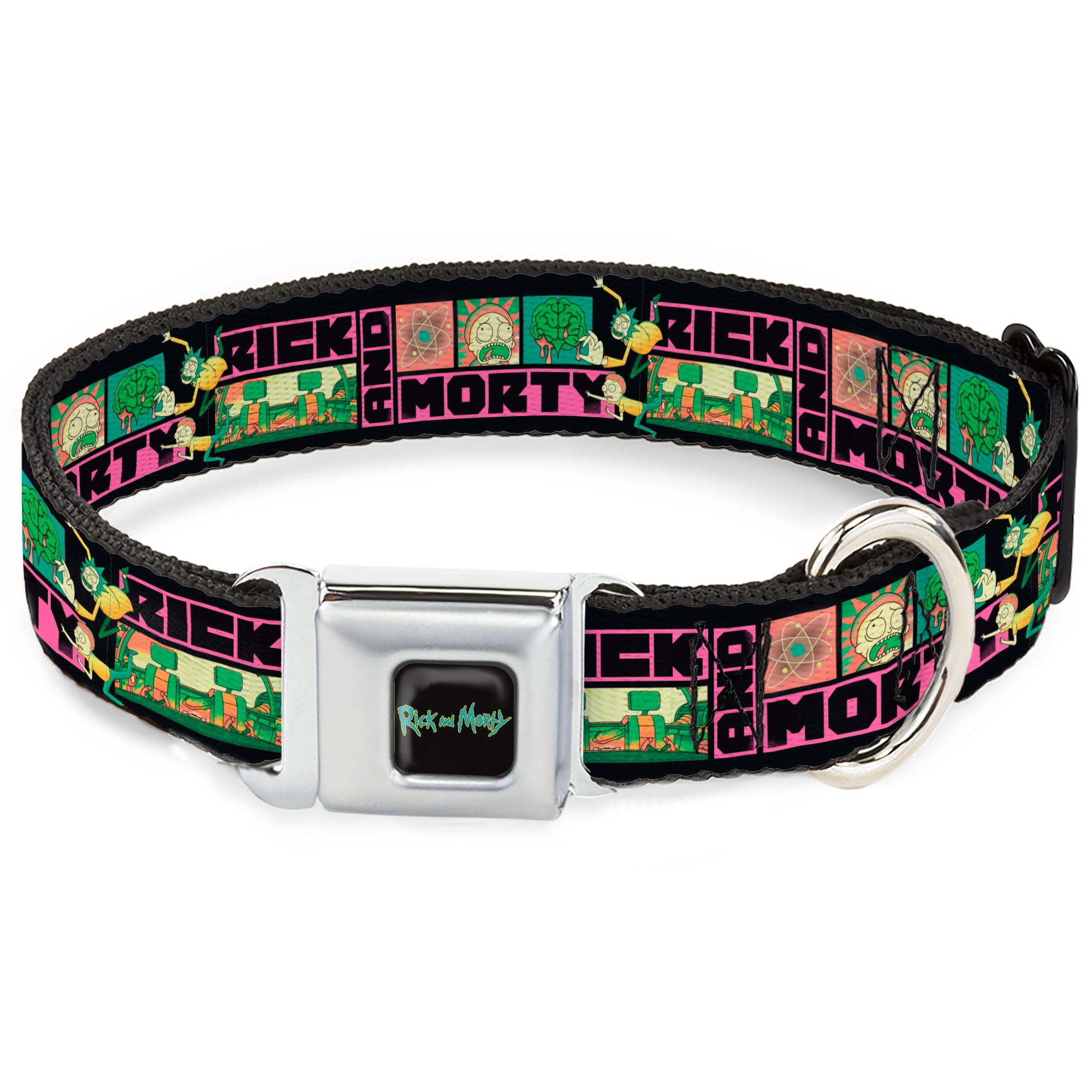 RICK AND MORTY Text Logo Full Color Black/Blue Seatbelt Buckle Collar - RICK AND MORTY Text Blocks and Scenes Black/Multi Color Seatbelt Buckle Collars Rick and Morty