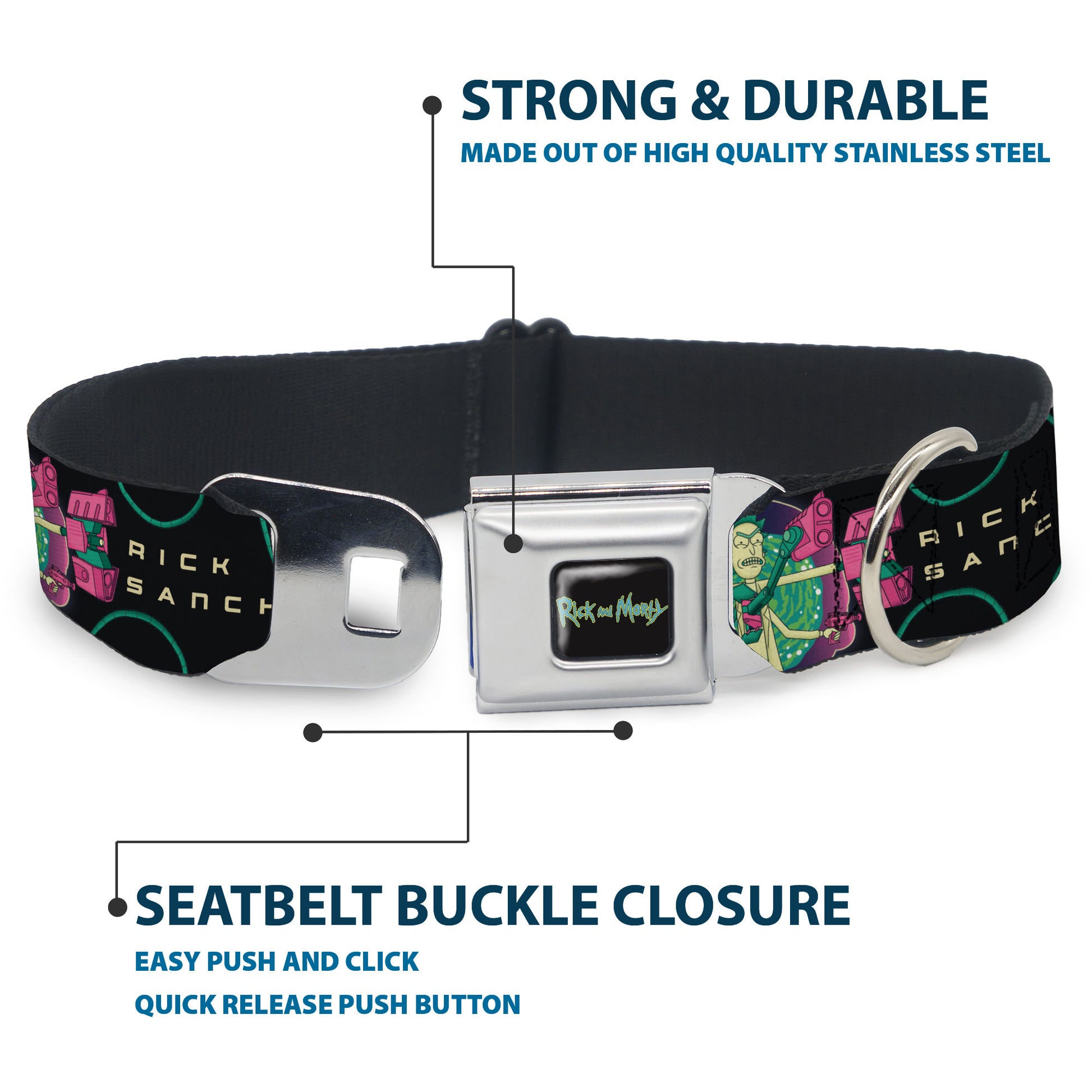 RICK AND MORTY Text Logo Full Color Black/Blue Seatbelt Buckle Collar - RICK SANCHEZ Multi Arm Portal Pose Black/Blues/Pinks Seatbelt Buckle Collars Rick and Morty