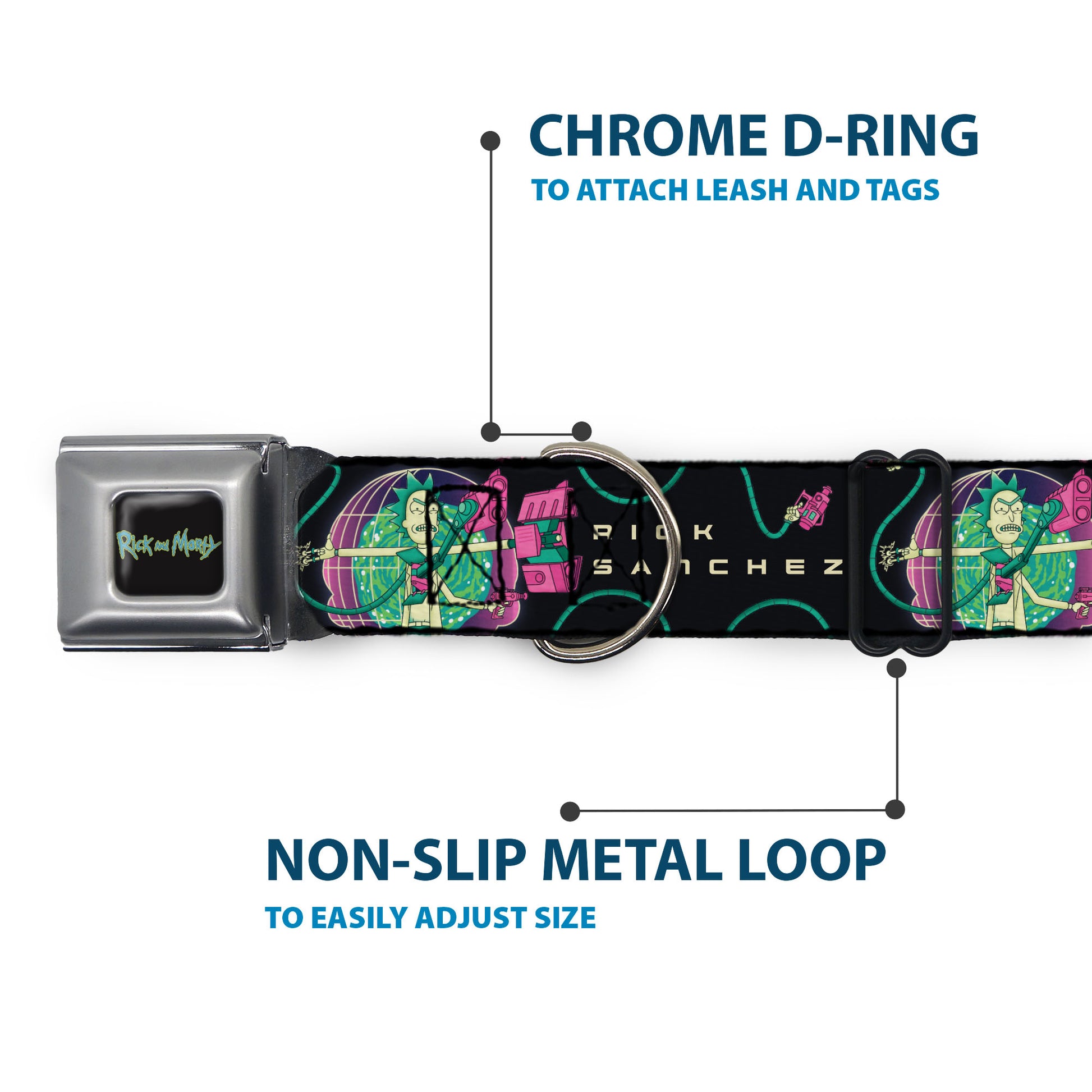 RICK AND MORTY Text Logo Full Color Black/Blue Seatbelt Buckle Collar - RICK SANCHEZ Multi Arm Portal Pose Black/Blues/Pinks Seatbelt Buckle Collars Rick and Morty