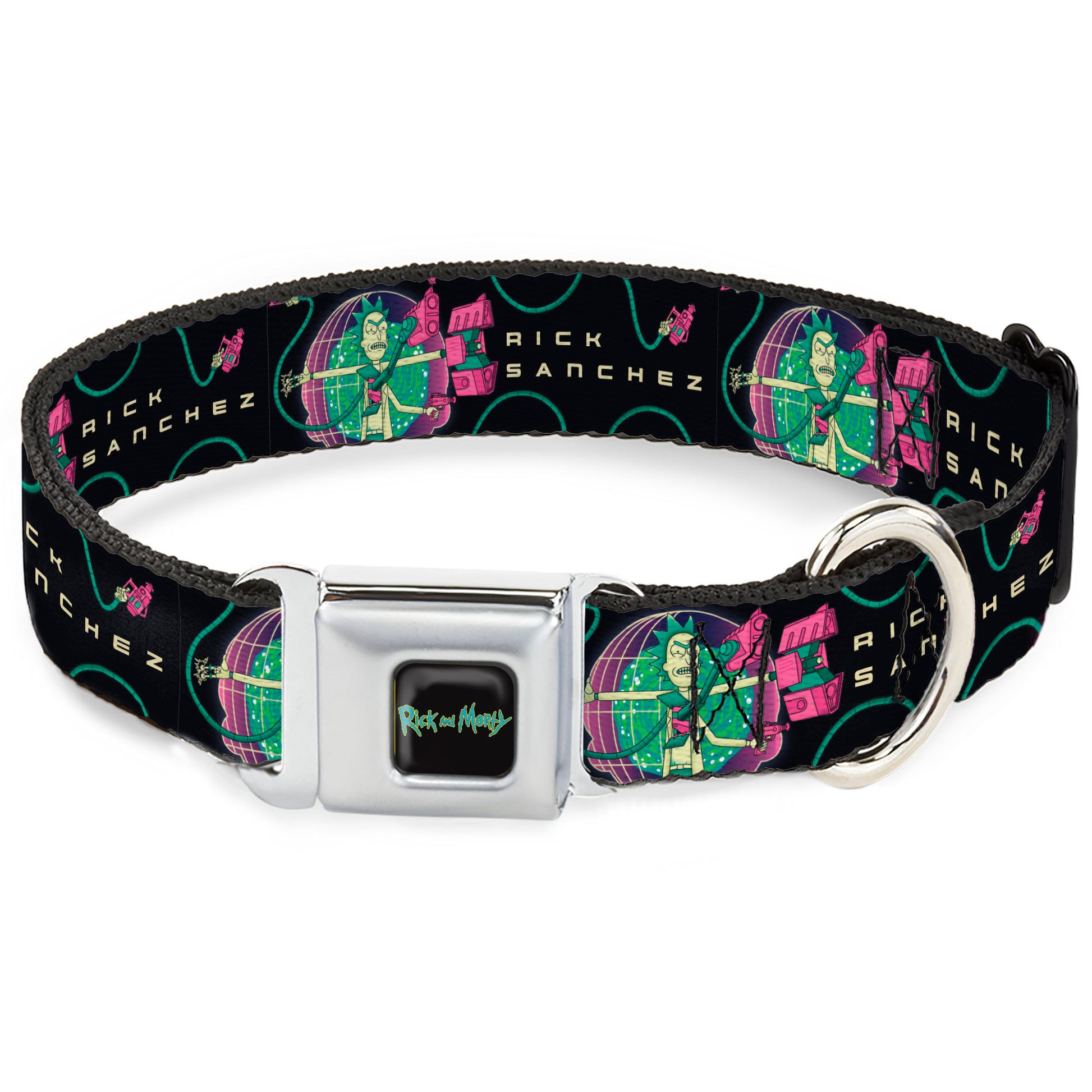 RICK AND MORTY Text Logo Full Color Black/Blue Seatbelt Buckle Collar - RICK SANCHEZ Multi Arm Portal Pose Black/Blues/Pinks Seatbelt Buckle Collars Rick and Morty