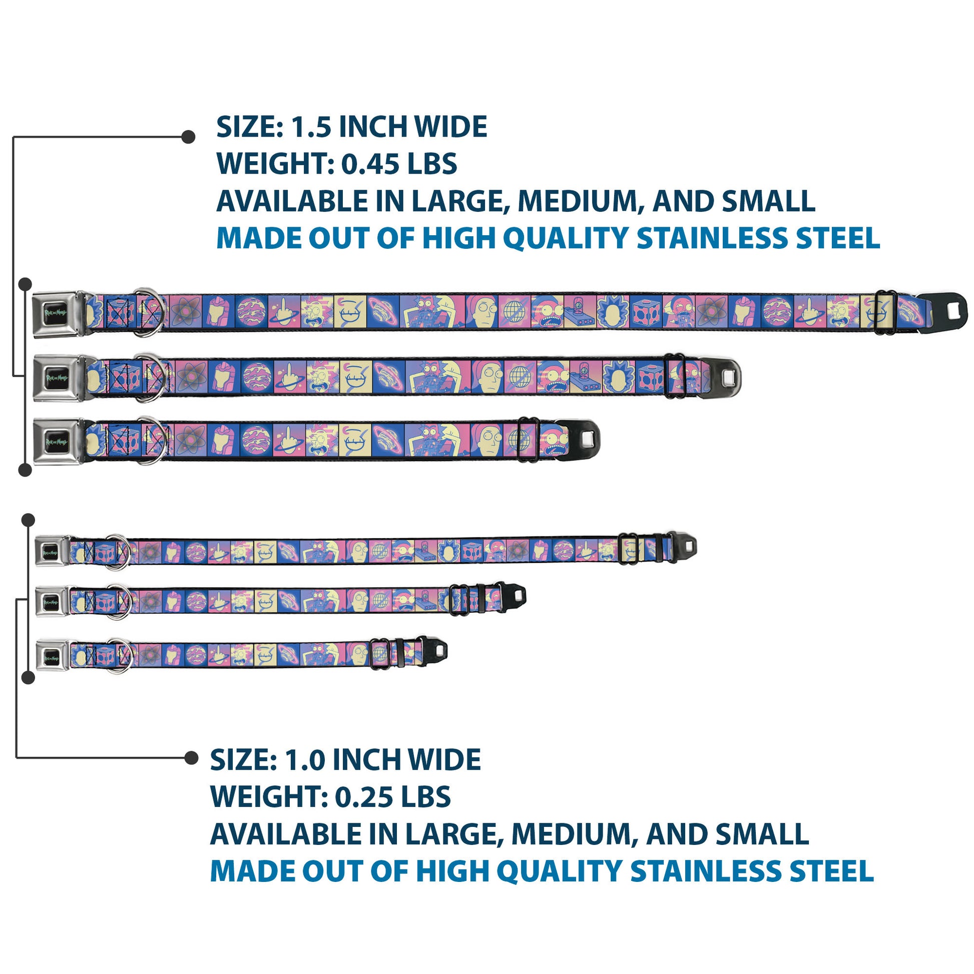 RICK AND MORTY Text Logo Full Color Black/Blue Seatbelt Buckle Collar - Rick and Morty Character Pose and Icon Blocks Pinks/Blues Seatbelt Buckle Collars Rick and Morty