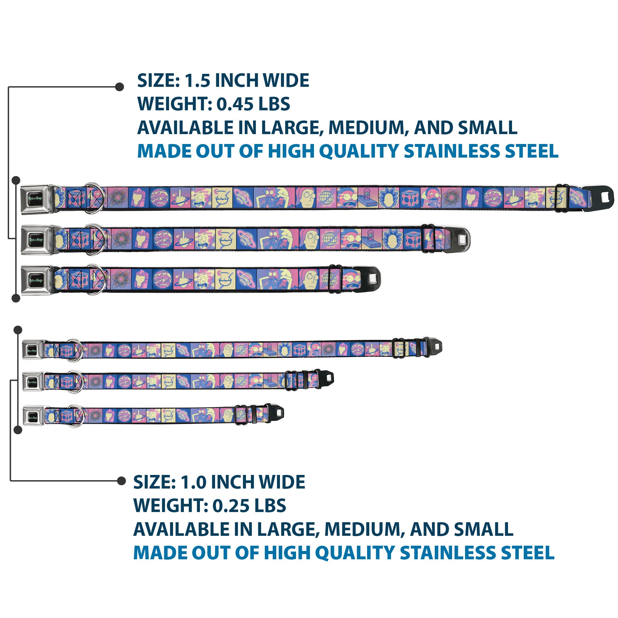 RICK AND MORTY Text Logo Full Color Black/Blue Seatbelt Buckle Collar - Rick and Morty Character Pose and Icon Blocks Pinks/Blues Seatbelt Buckle Collars Rick and Morty