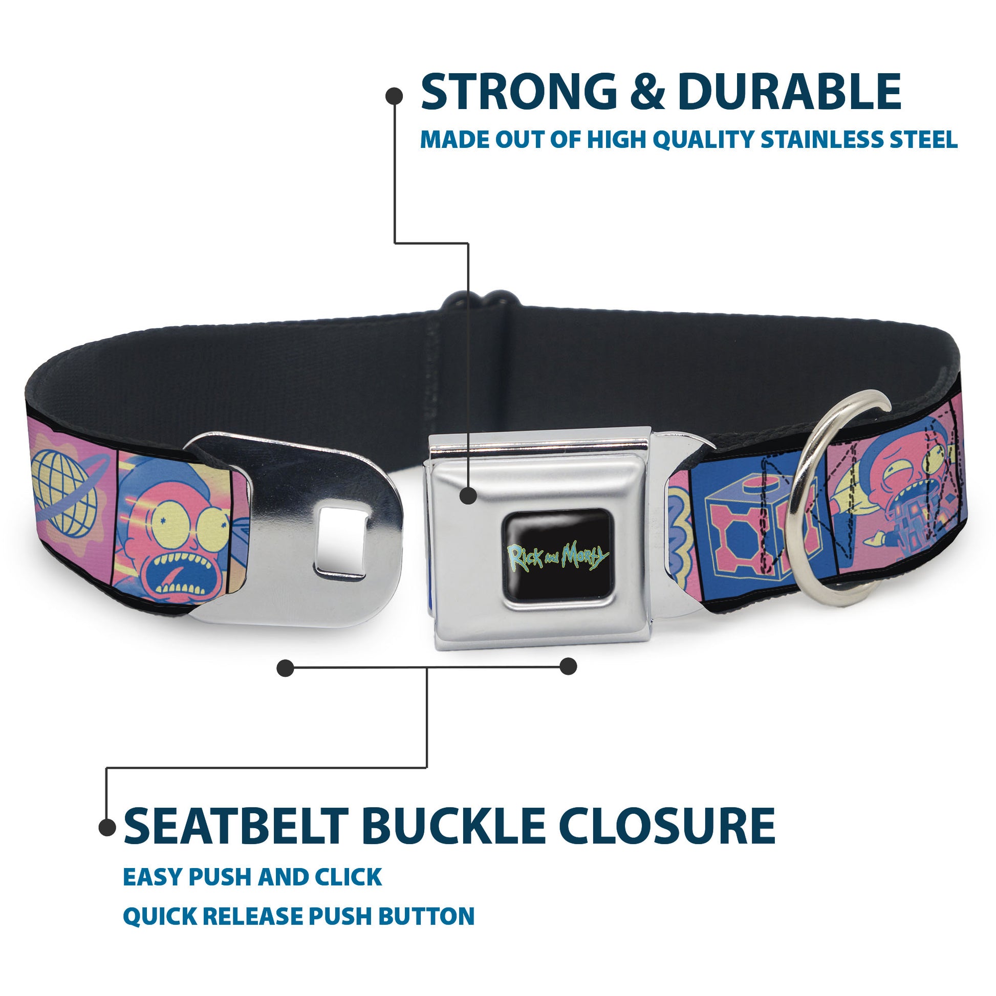 RICK AND MORTY Text Logo Full Color Black/Blue Seatbelt Buckle Collar - Rick and Morty Character Pose and Icon Blocks Pinks/Blues Seatbelt Buckle Collars Rick and Morty