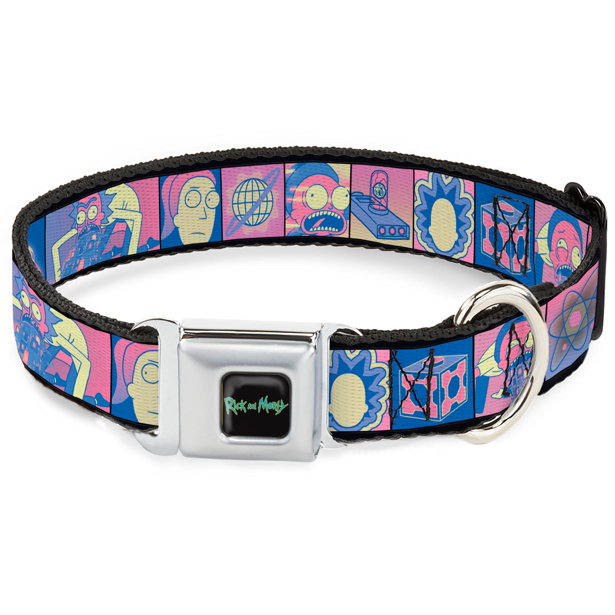 RICK AND MORTY Text Logo Full Color Black/Blue Seatbelt Buckle Collar - Rick and Morty Character Pose and Icon Blocks Pinks/Blues Seatbelt Buckle Collars Rick and Morty