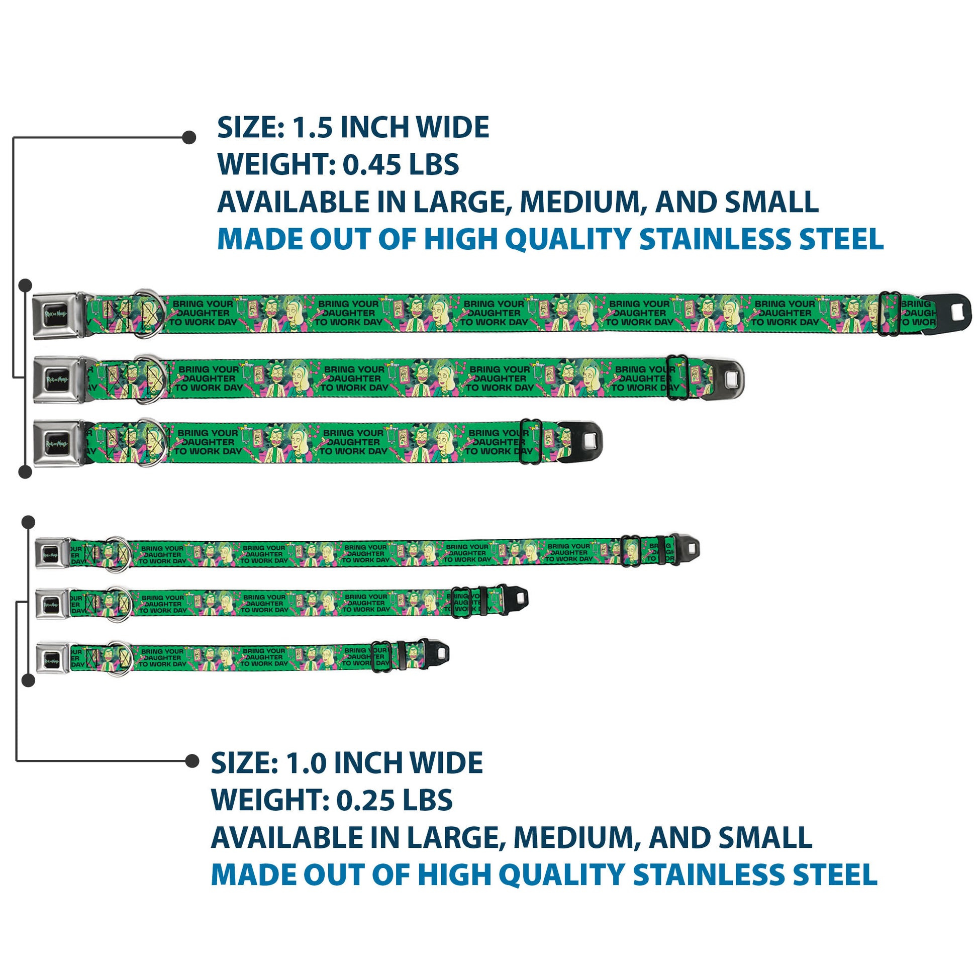 RICK AND MORTY Text Logo Full Color Black/Blue Seatbelt Buckle Collar - Rick with Beth BRING YOUR DAUGHTER TO WORK DAY Pose Greens Seatbelt Buckle Collars Rick and Morty