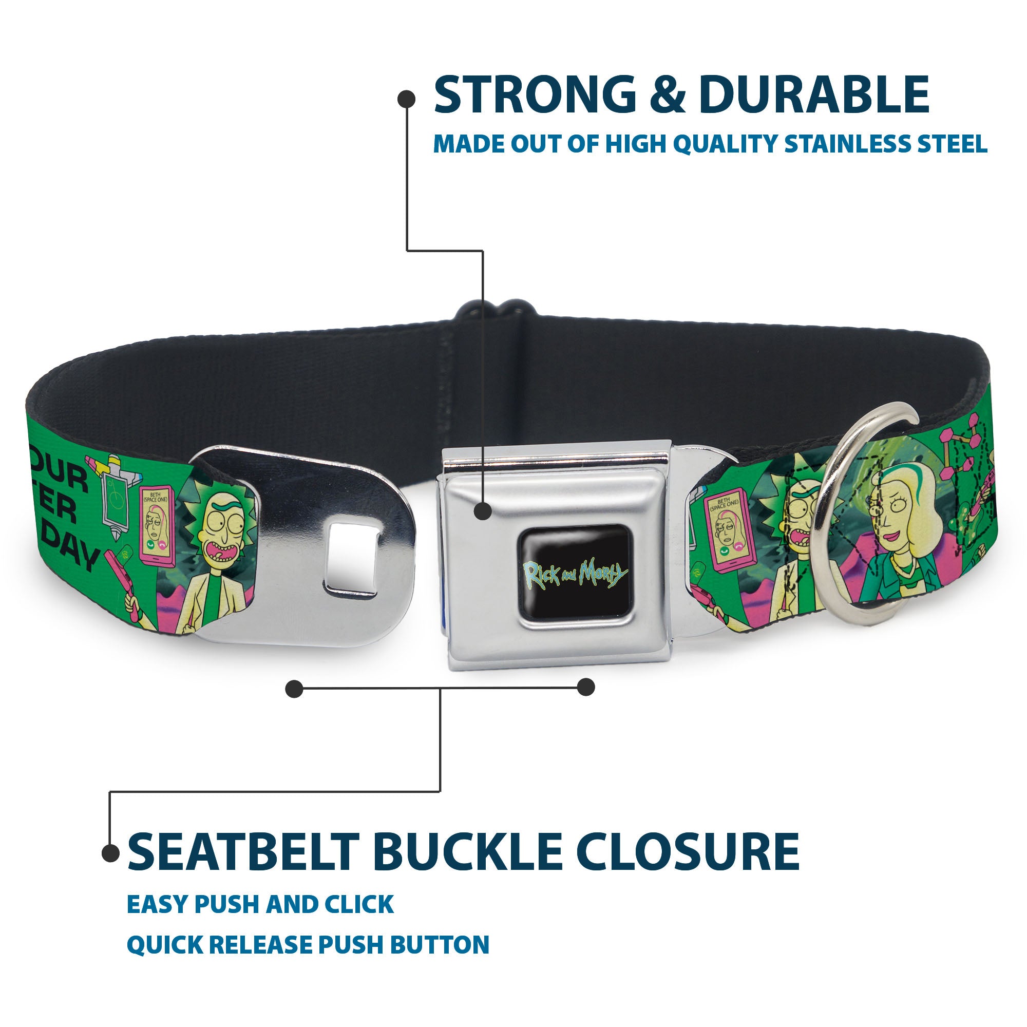 RICK AND MORTY Text Logo Full Color Black/Blue Seatbelt Buckle Collar - Rick with Beth BRING YOUR DAUGHTER TO WORK DAY Pose Greens Seatbelt Buckle Collars Rick and Morty