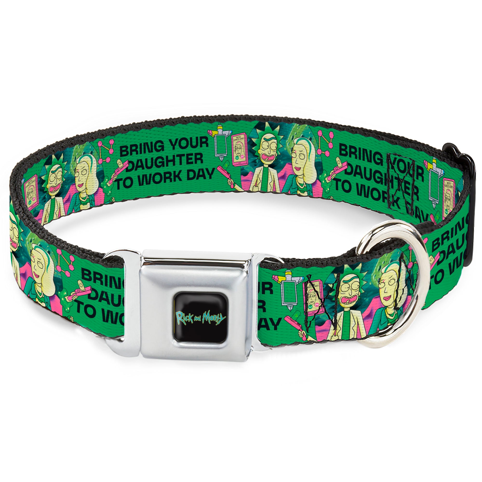 RICK AND MORTY Text Logo Full Color Black/Blue Seatbelt Buckle Collar - Rick with Beth BRING YOUR DAUGHTER TO WORK DAY Pose Greens Seatbelt Buckle Collars Rick and Morty