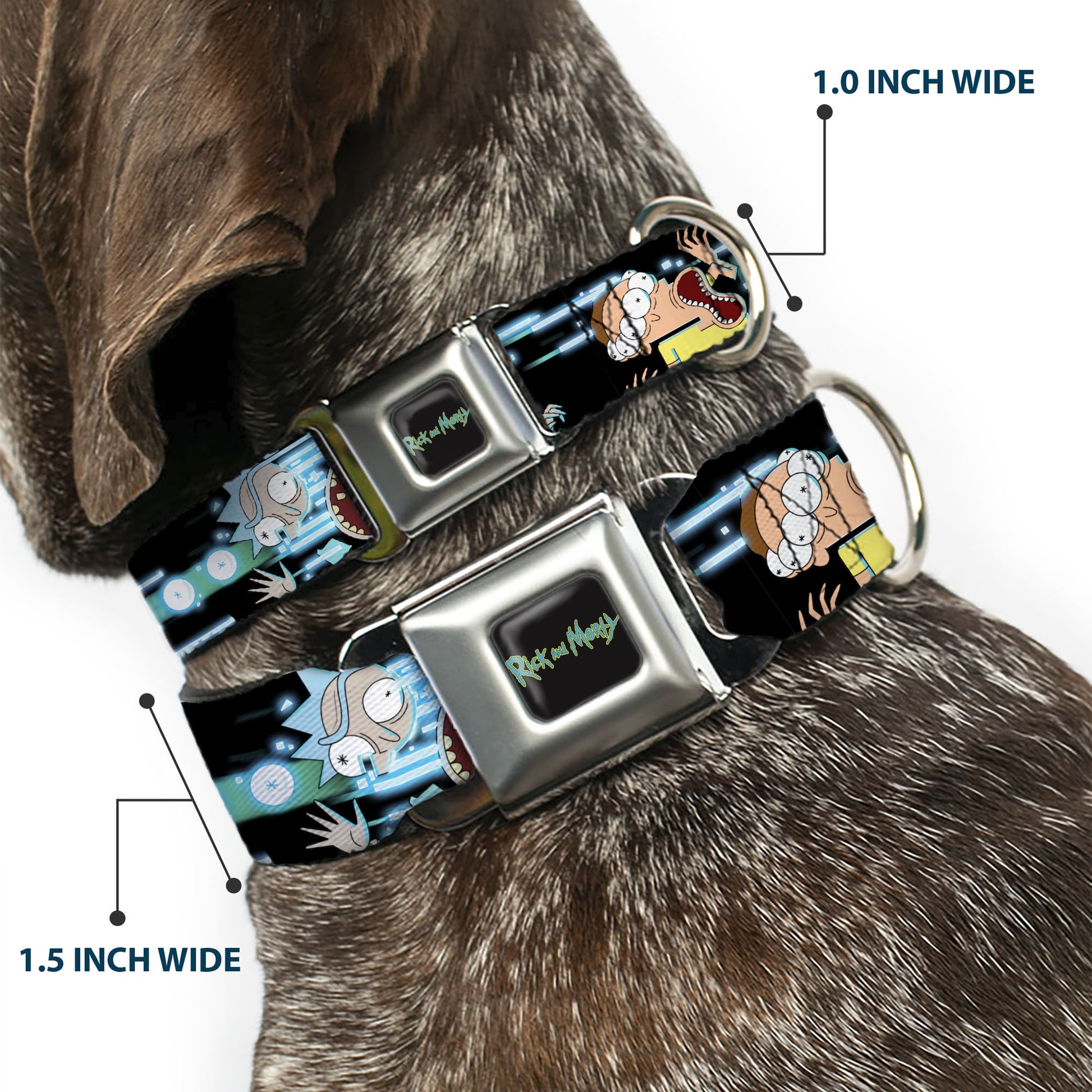 RICK AND MORTY Text Logo Full Color Black/Blue Seatbelt Buckle Collar - Rick and Morty Face Glitch Pose Black/Blues Seatbelt Buckle Collars Rick and Morty