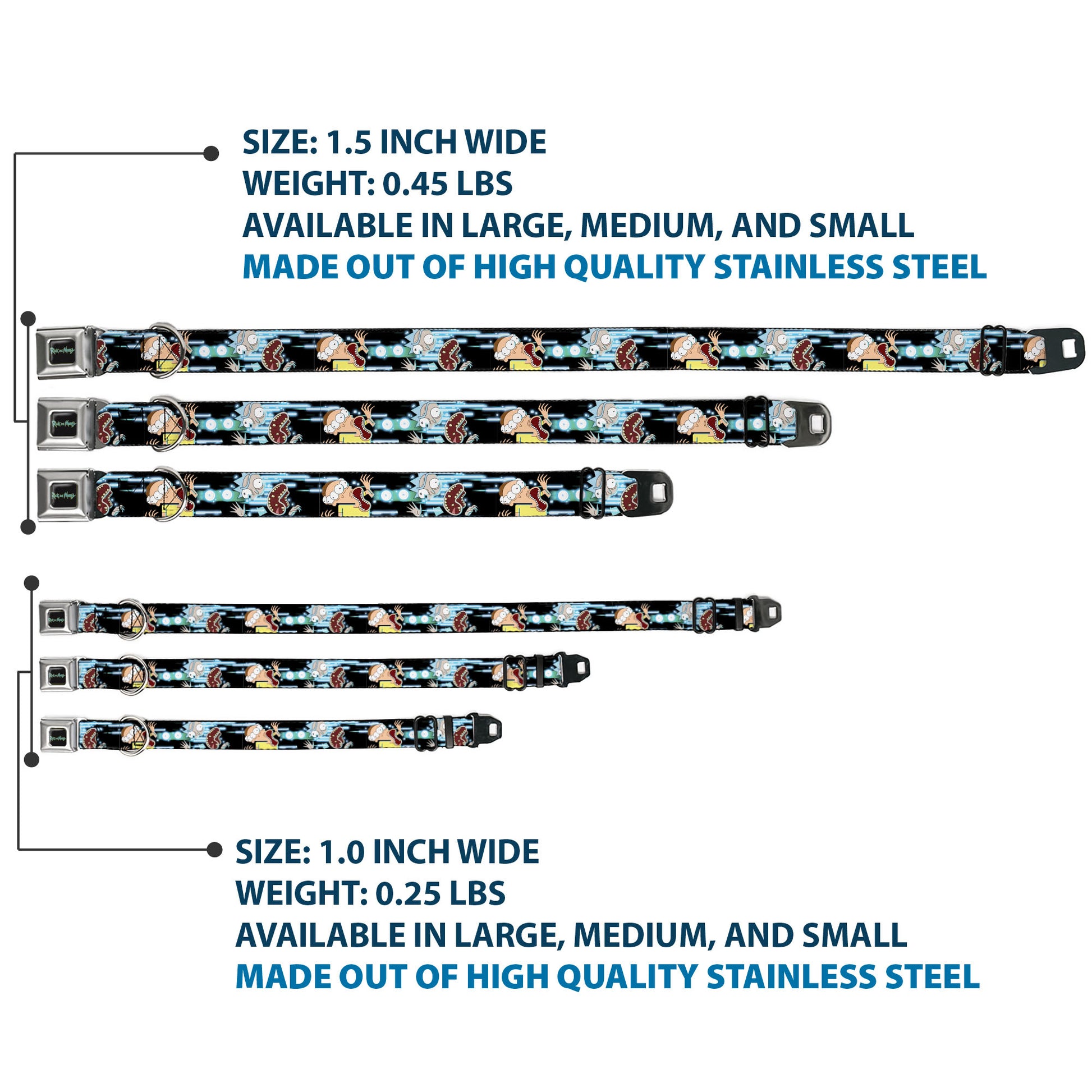 RICK AND MORTY Text Logo Full Color Black/Blue Seatbelt Buckle Collar - Rick and Morty Face Glitch Pose Black/Blues Seatbelt Buckle Collars Rick and Morty