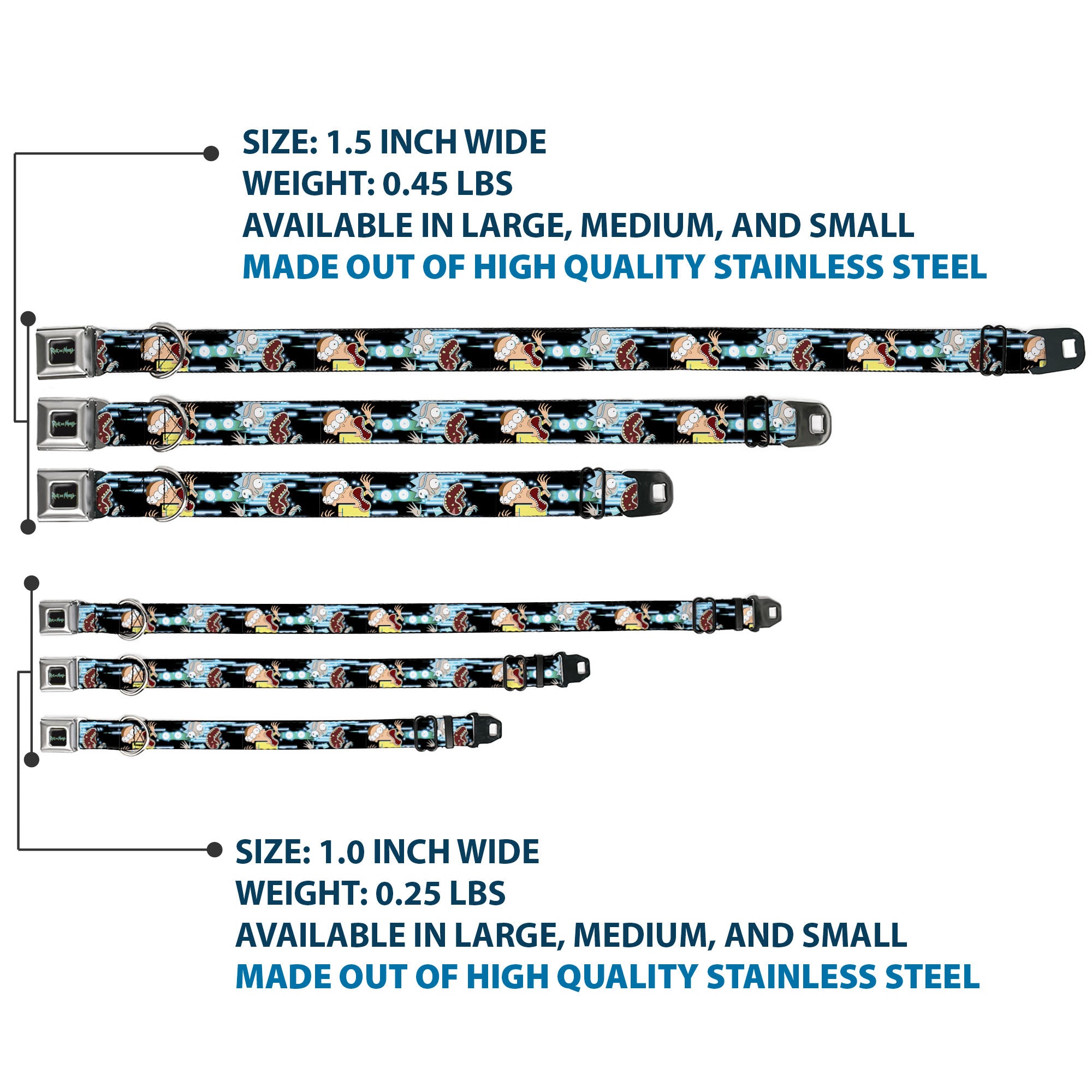 RICK AND MORTY Text Logo Full Color Black/Blue Seatbelt Buckle Collar - Rick and Morty Face Glitch Pose Black/Blues Seatbelt Buckle Collars Rick and Morty