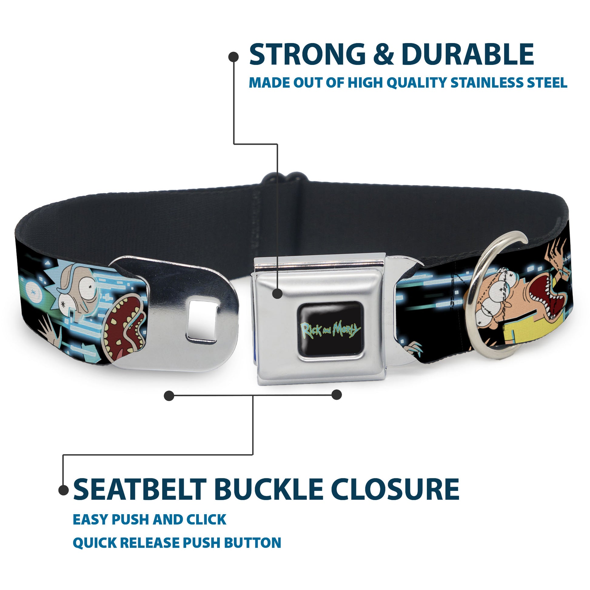 RICK AND MORTY Text Logo Full Color Black/Blue Seatbelt Buckle Collar - Rick and Morty Face Glitch Pose Black/Blues Seatbelt Buckle Collars Rick and Morty