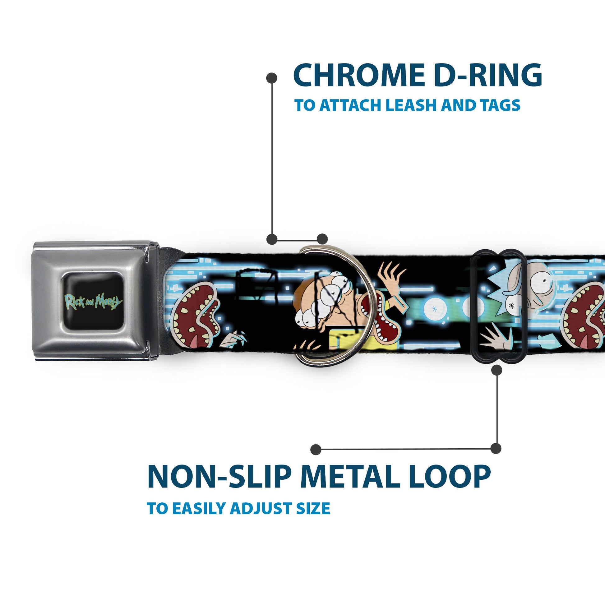RICK AND MORTY Text Logo Full Color Black/Blue Seatbelt Buckle Collar - Rick and Morty Face Glitch Pose Black/Blues Seatbelt Buckle Collars Rick and Morty