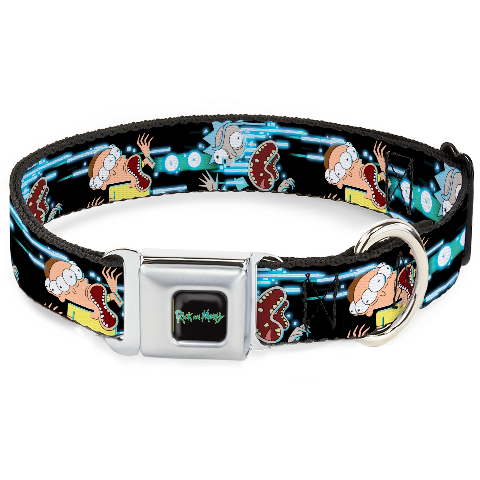 RICK AND MORTY Text Logo Full Color Black/Blue Seatbelt Buckle Collar - Rick and Morty Face Glitch Pose Black/Blues Seatbelt Buckle Collars Rick and Morty