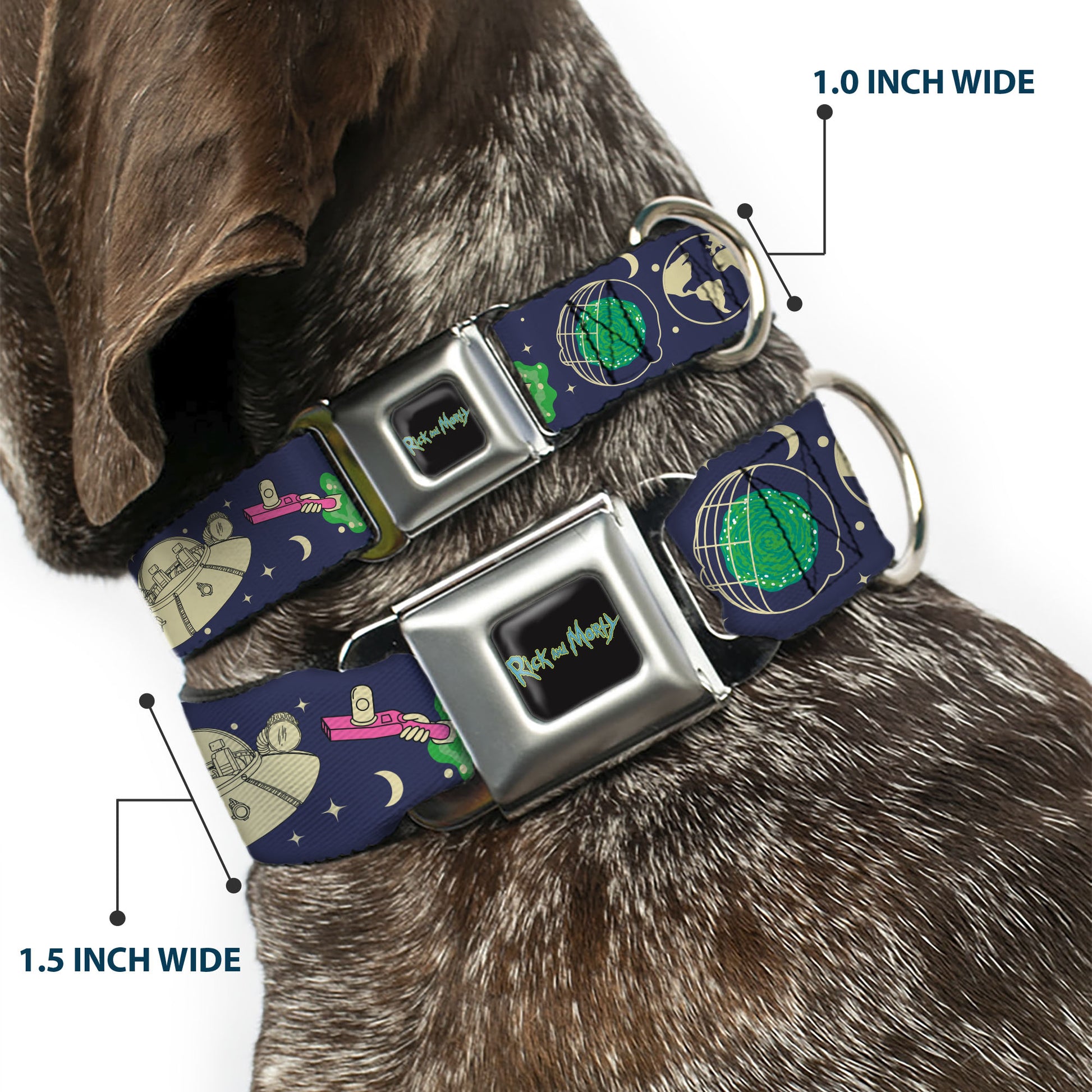 RICK AND MORTY Text Logo Full Color Black/Blue Seatbelt Buckle Collar - Rick and Morty Portal and Space Icons Collage Blue/Beige/Greens Seatbelt Buckle Collars Rick and Morty