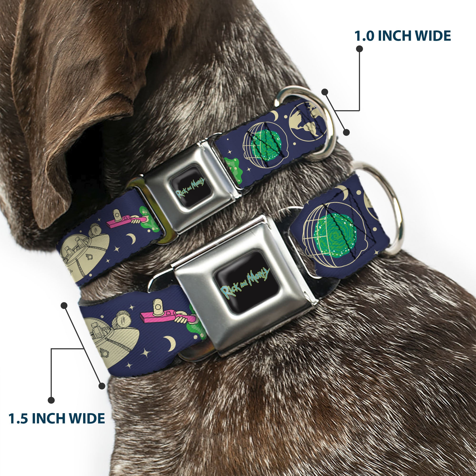 RICK AND MORTY Text Logo Full Color Black/Blue Seatbelt Buckle Collar - Rick and Morty Portal and Space Icons Collage Blue/Beige/Greens Seatbelt Buckle Collars Rick and Morty